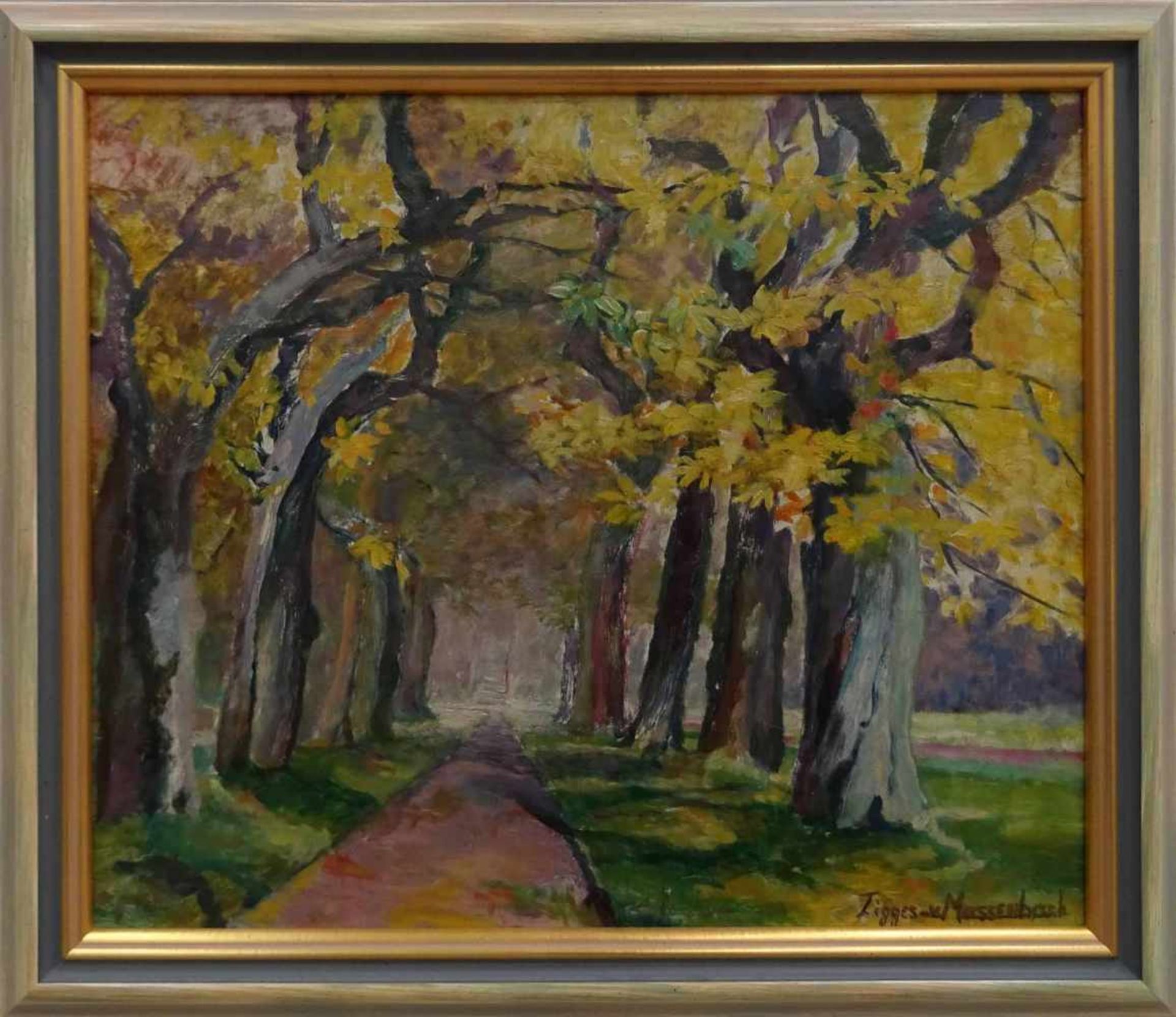 von Massenbachr.u.sig. und undeutl ortsbez., 'Herbstliche Allee', Öl/Holz, 50 x 58,5 cm