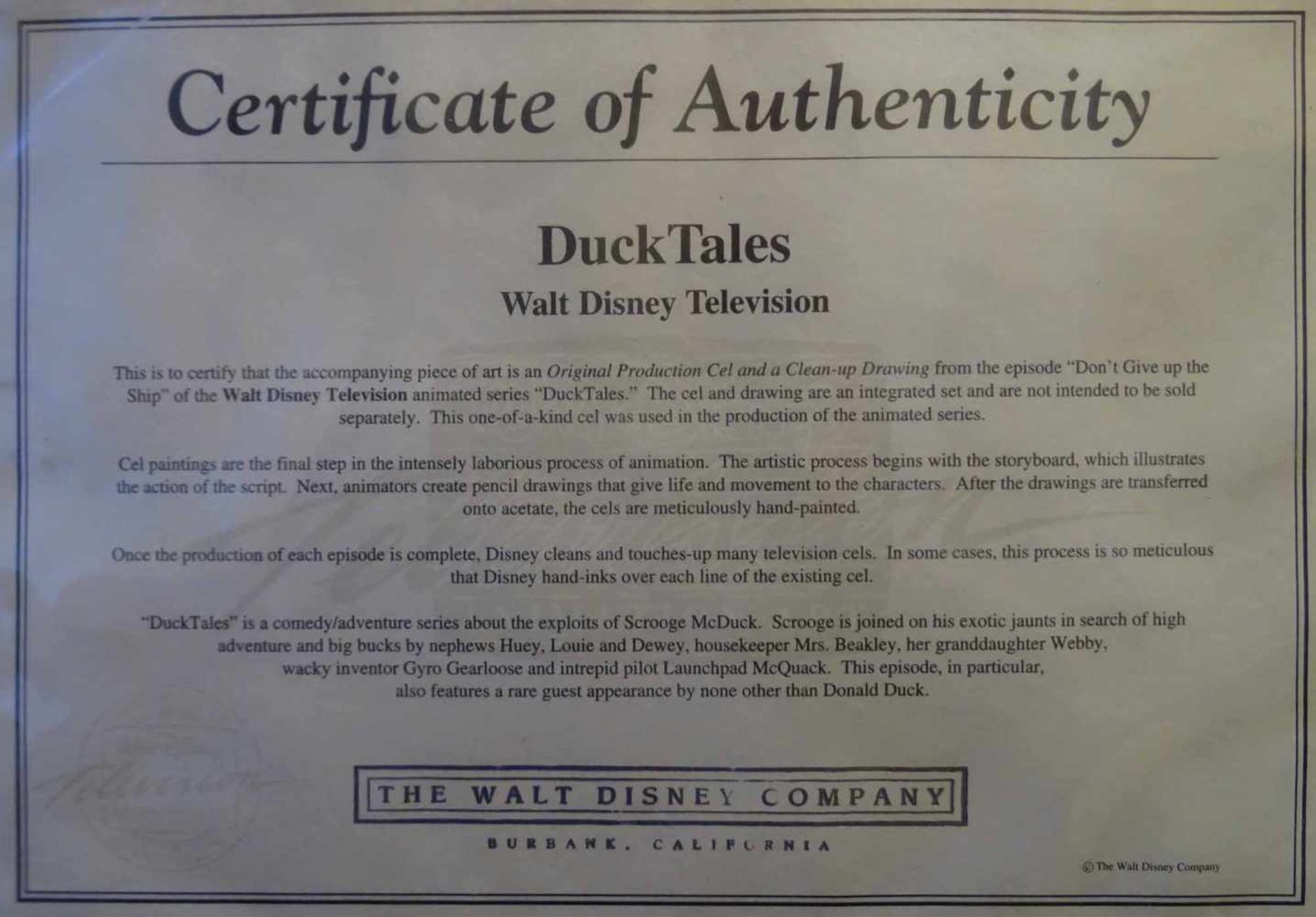 Walt Disney StudiosOriginal Cell der 'DuckTales', Zeichnung auf Celluloid, verso Zertifikat, 20 x - Bild 2 aus 2