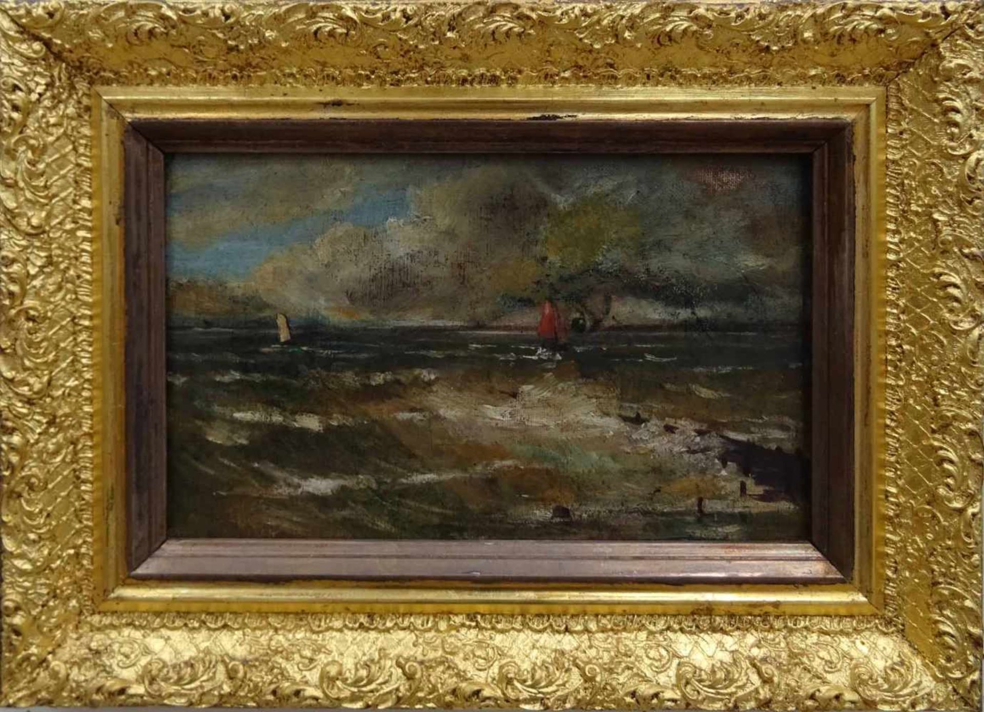 Unbekannter Künstler, l.u.undeutl.sig.'Segelschliffe vor der Küste', Öl/Lwd., aufgezogen, 17 x 27