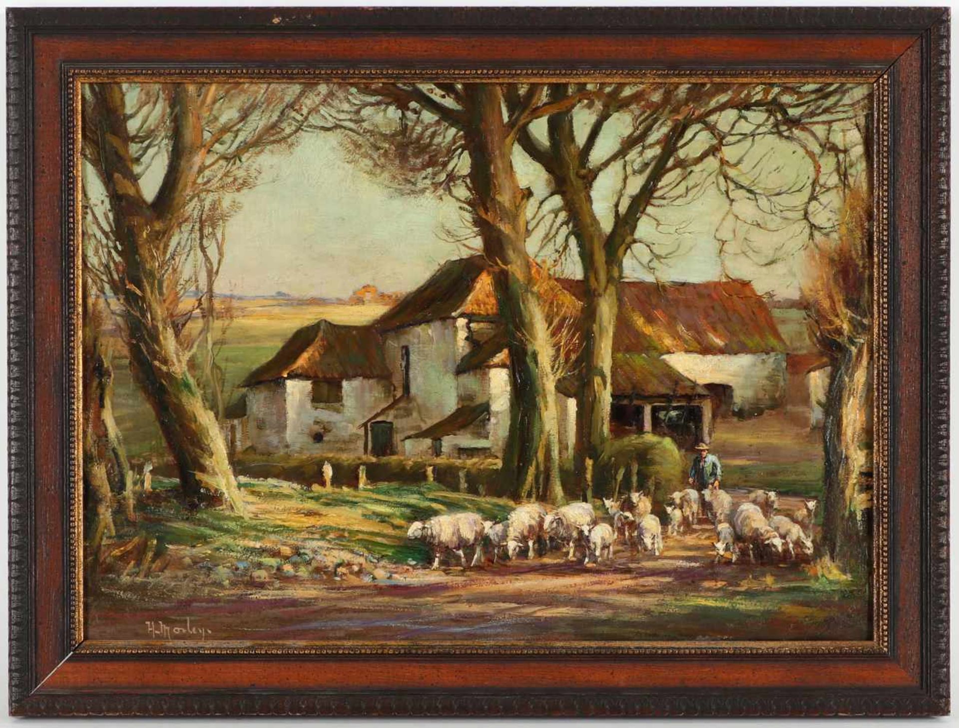 Henry Morley, l.u.sig.(1869-1937), 'Aufbruch zur Weide', Öl/Holz, 29 x 41 cm (Fi)