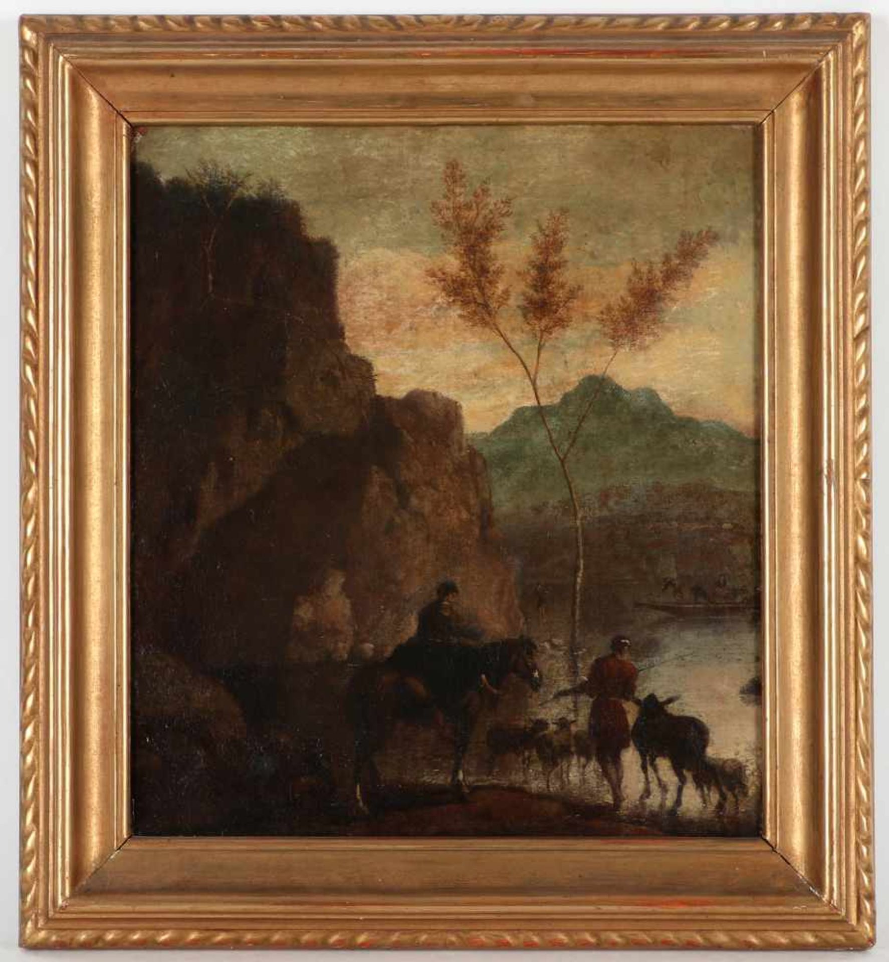 Unbekannter Künstler, 19.Jh.'Hirten mit Vieh an einer Furt', Öl/Lwd., 40 x 35 cm, restaur