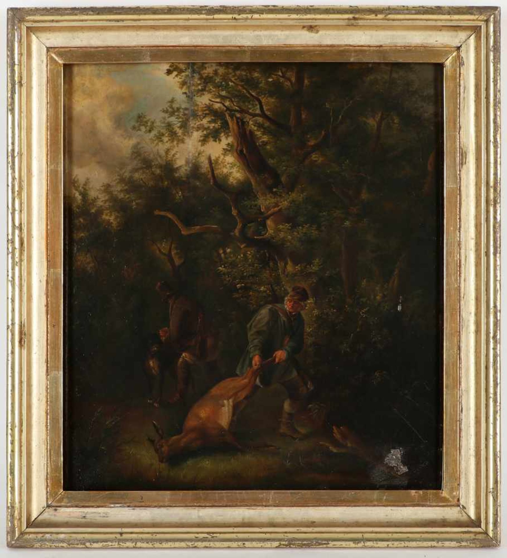 Unbekannter Künstler, 19.Jh.'Jäger mit erlegtem Wild', Öl/Holz, 40 x 33 cm, restauriert,