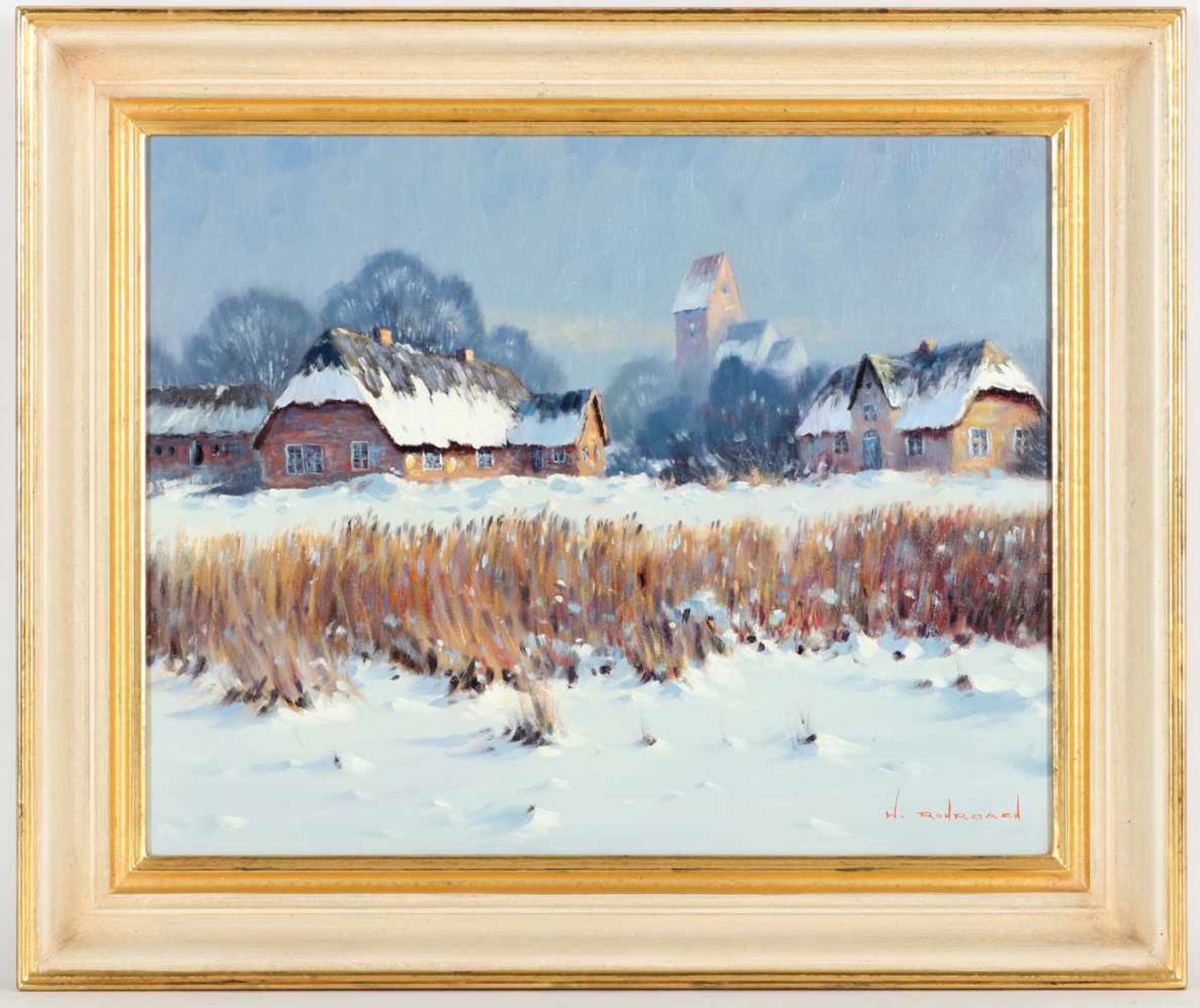 Walter Rohrbach, r.u.sig.geb. Hersfeld 1939, 'Norddeutsches Dorf im Winter', Öl/Lwd.,