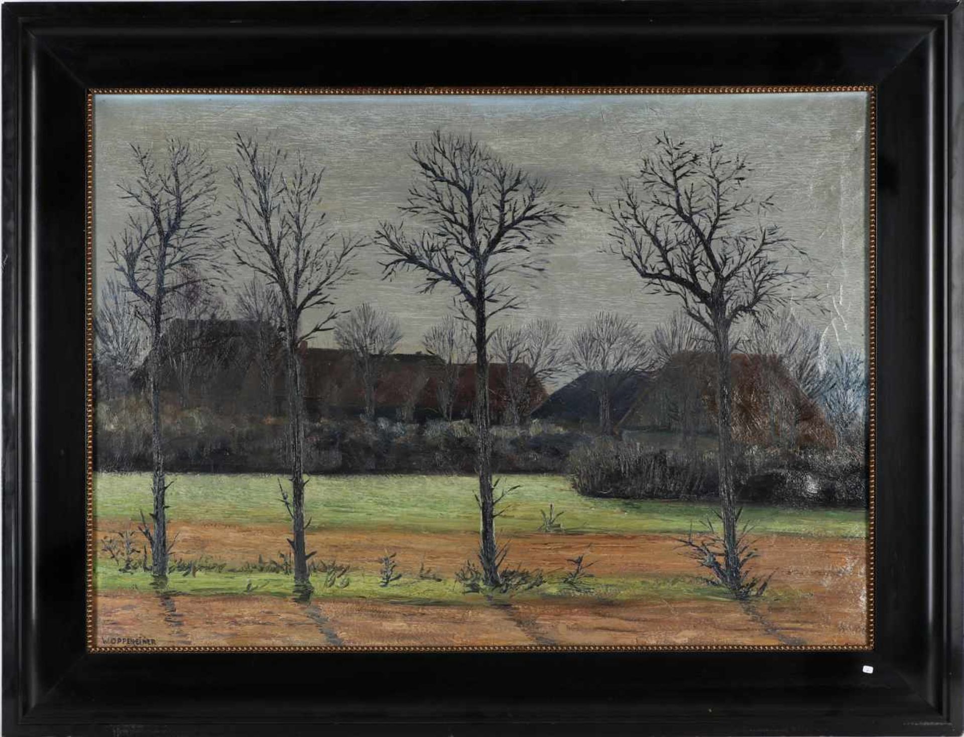 W. Oppenheimer, l.u.sig., dat. 1915'Vorfrühling am Dorfrand', Öl/Lwd., 72 x 99 cm, Dr