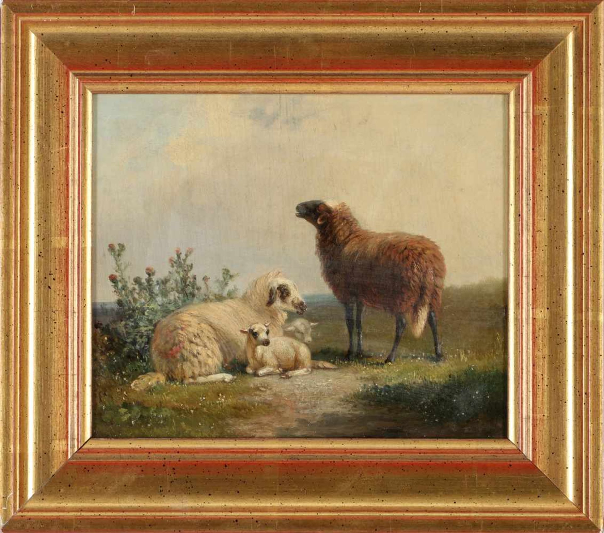 Unbekannter Künstler, 19.Jh.'Schafe mit Lämmern', Öl/Holz, 14,5 x 18 cm (Fi)