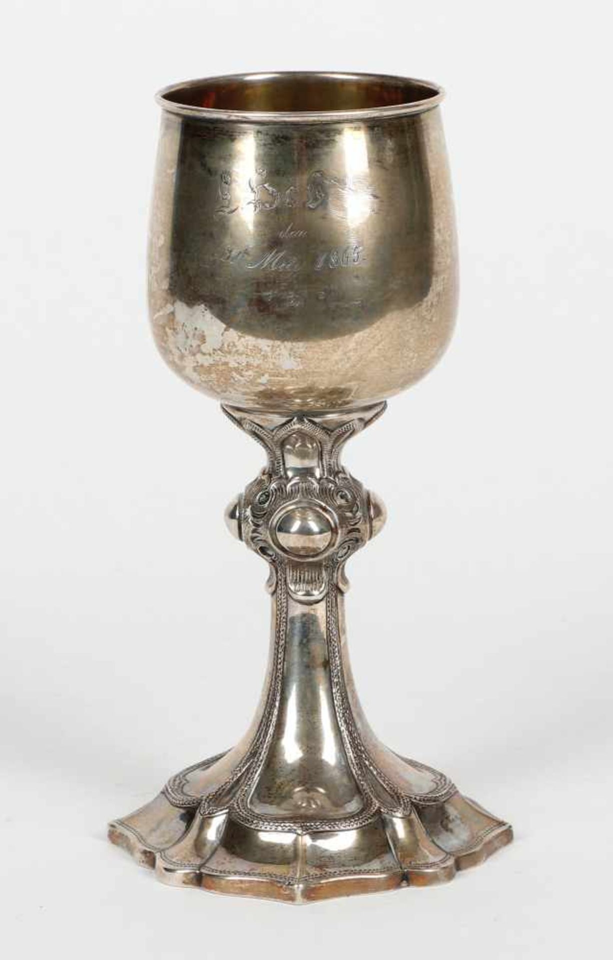 Pokal, 13-lötiges SilberWidmung dat. 1865, H = 22 cm, ca. 190 g, Reste von Innenvergol
