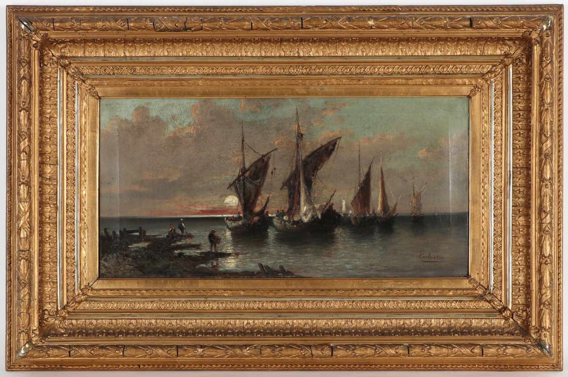 Carlo, r.u.sig., dat. 1880'Fischerboote im Mondschein', Öl/Lwd., 32 x 64 cm, verschmutzt <