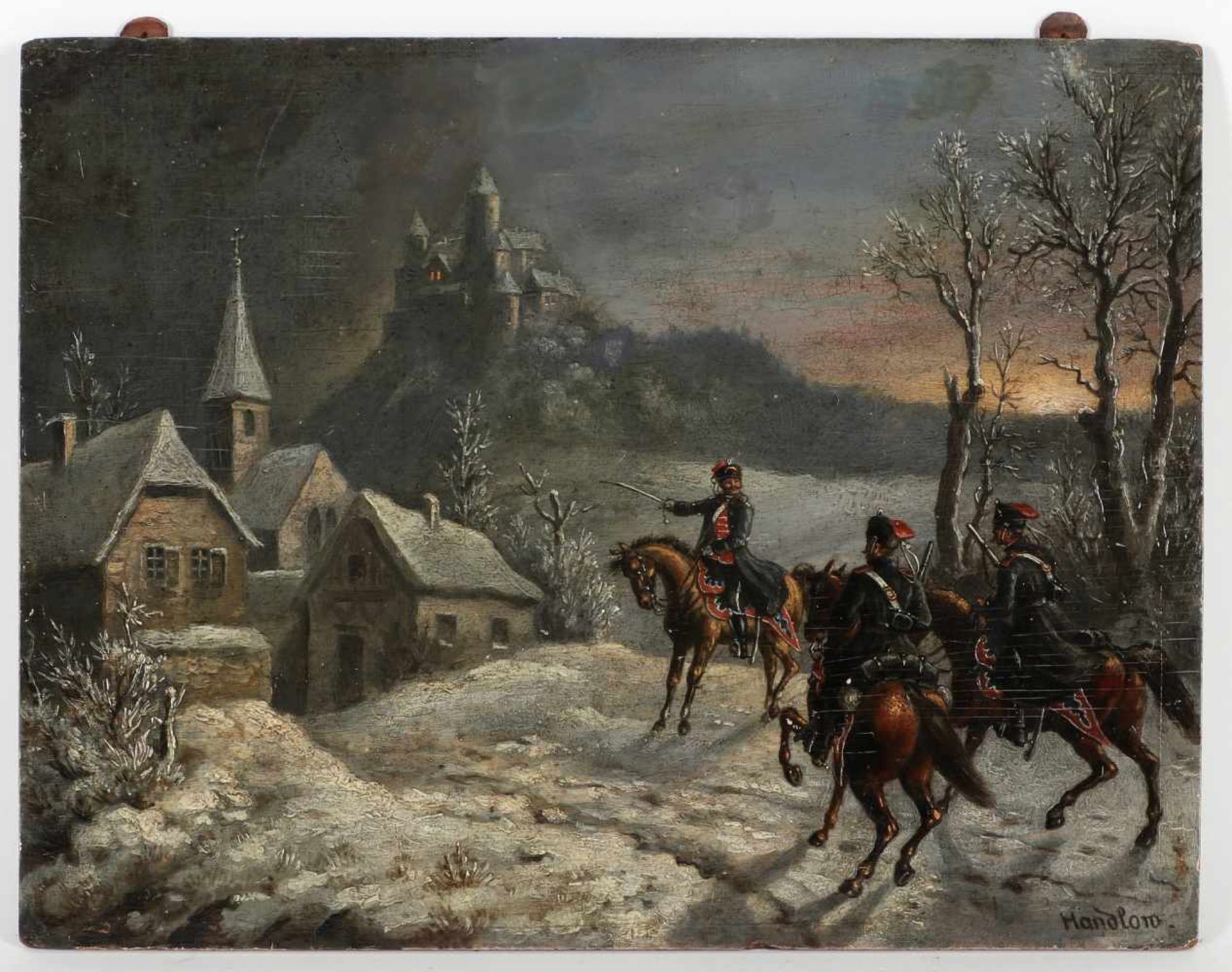 Handlow, r.u.sig.'Kavallerie in Winterlandschaft', Öl/Holz, 31,5 x 40 cm, restauriert, o.R