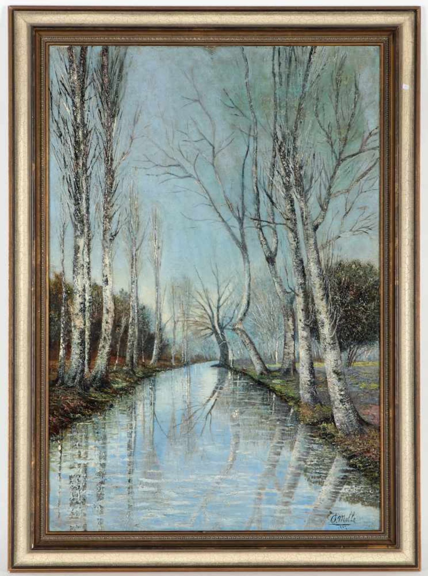 O. Molle, r.u.sig., dat. 1907'Birken am verschneiten Fluss', Öl/Lwd., 80 x 55 cm, fleckig