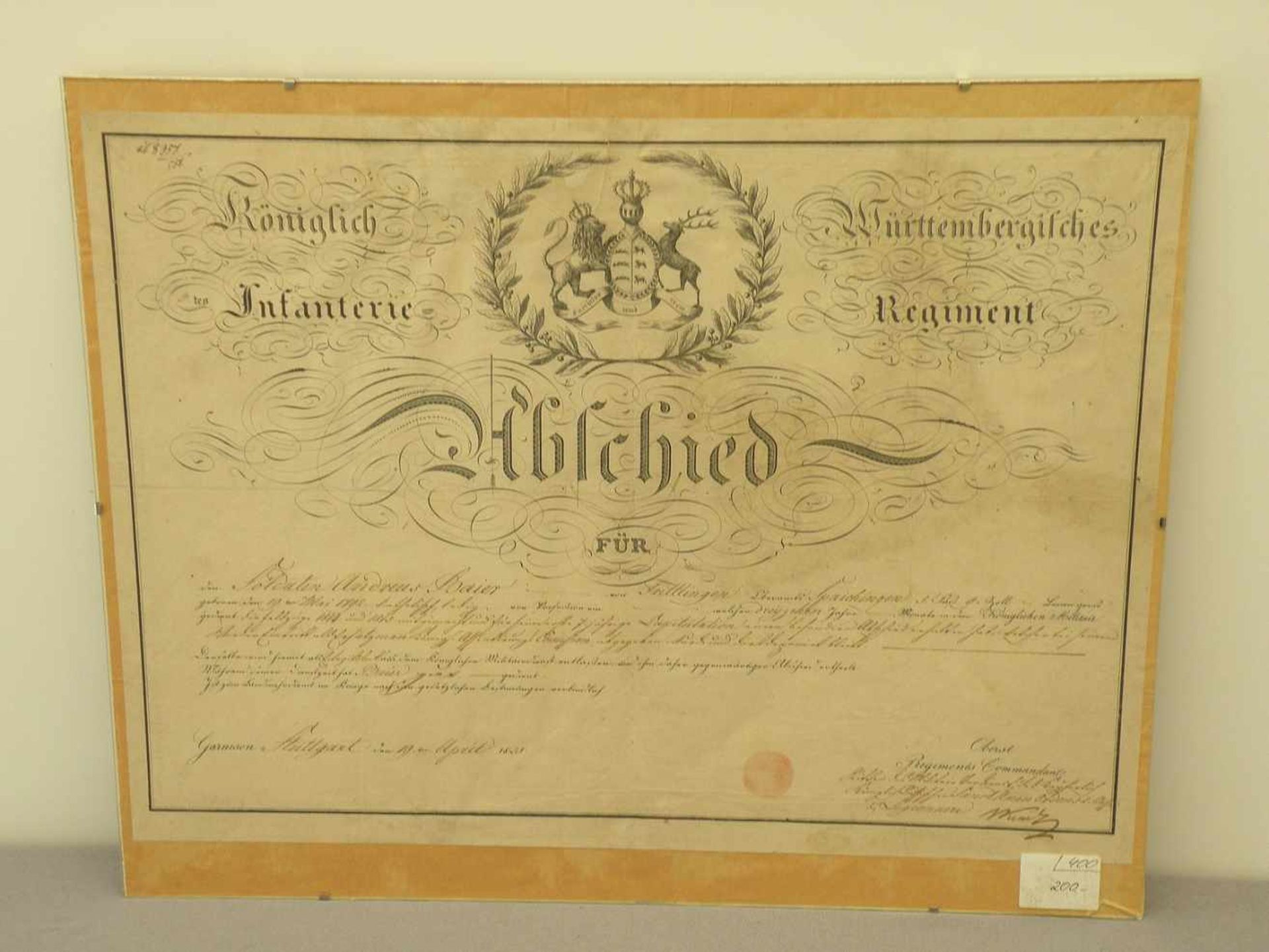 Urkunde Abschied, Königl.. Inf. Regt. Württemberg Stuttgart 1828, 36x49 cm