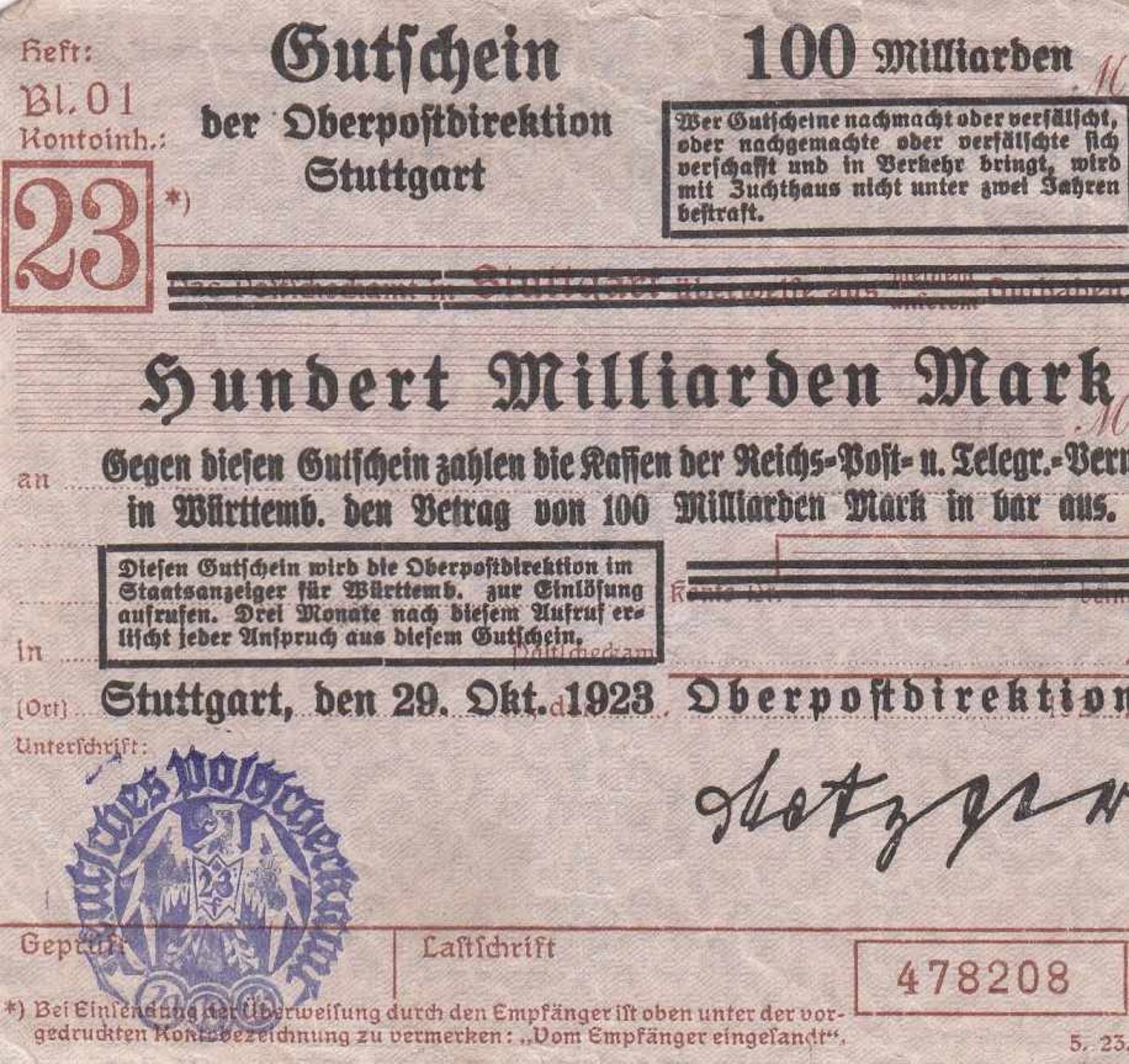 Gutschein Oberpostdirektion Stuttgart, 100 Mrd. Mrk. 29.10.23