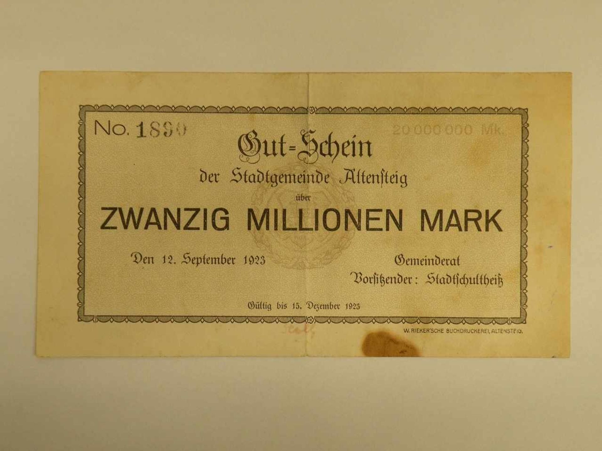 Geldschein Altensteig, 20. Mio Mrk, 15.12.23