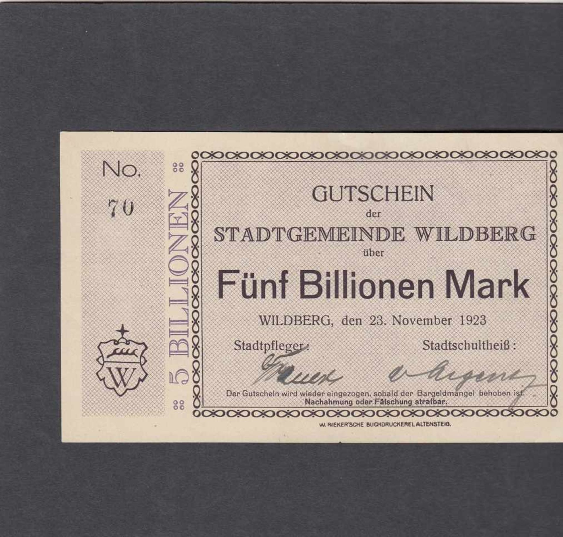 Geldschein Wildberg, 5 Billionen Mrk., 1.11.23