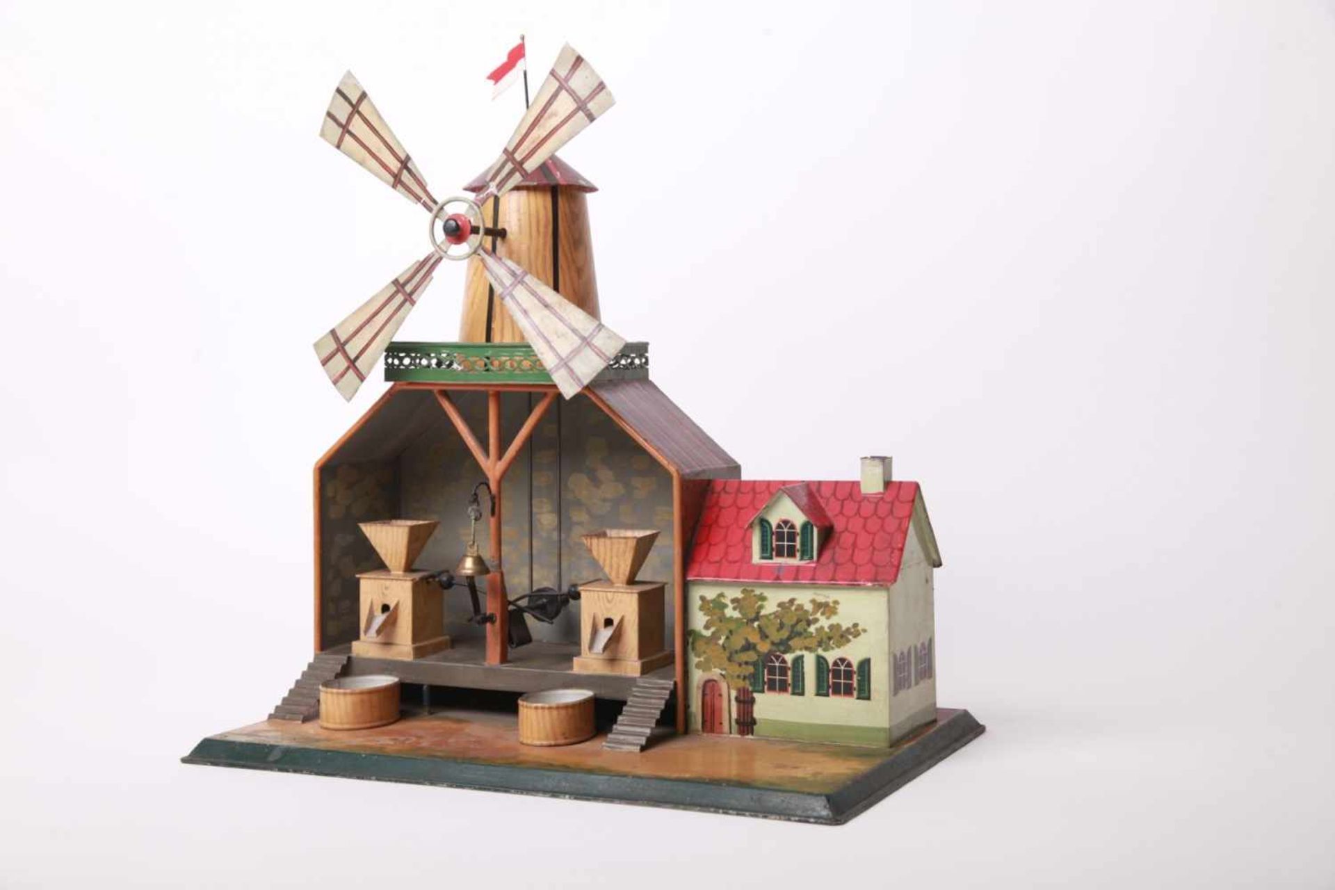 Märklin, 1111 Windmühle für Dampfmaschinenantrieb von 1895. Abbildung im handbemalten Musterbuch und