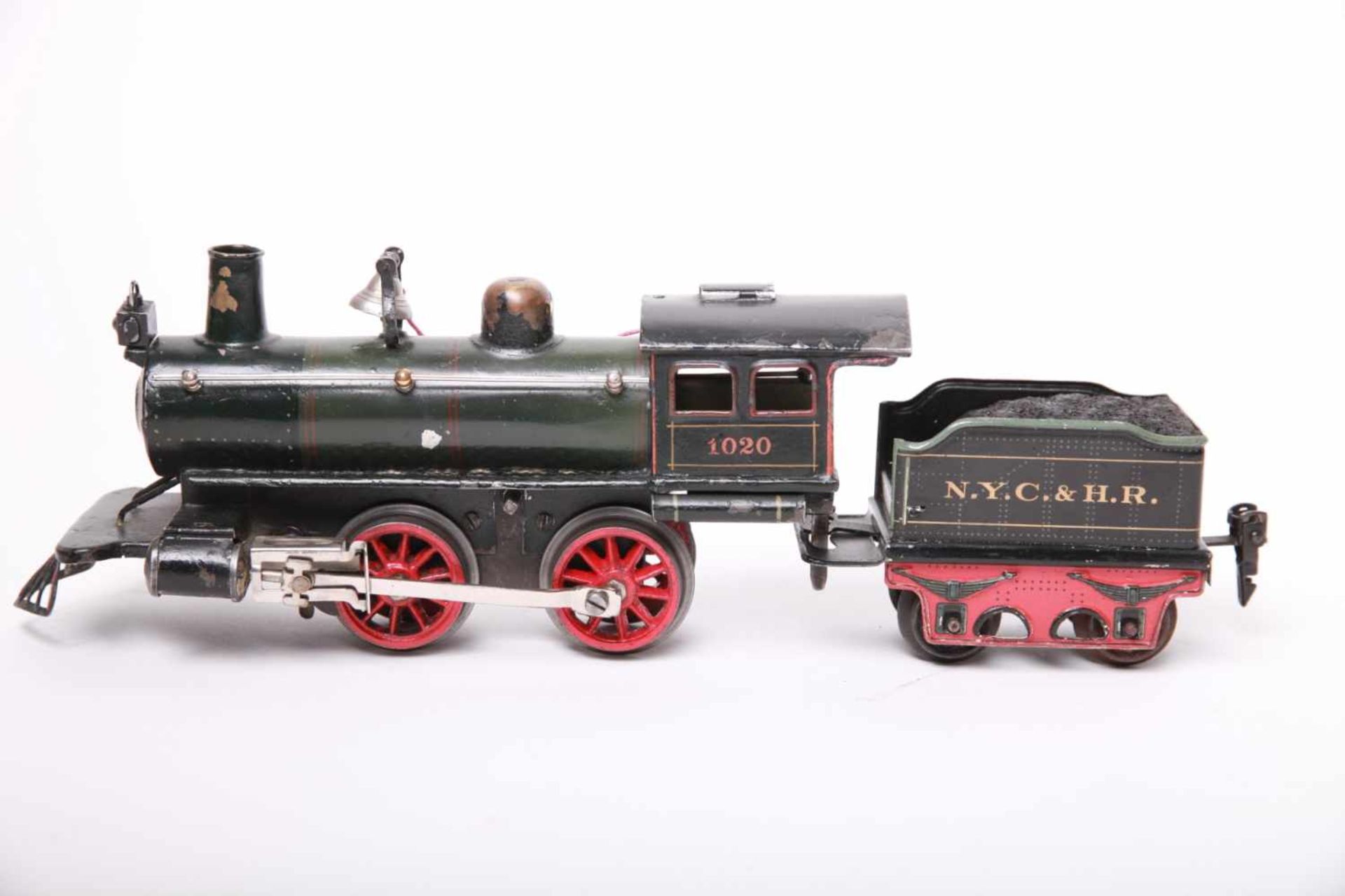 Märklin S 0, AR1020 Amerika Dampflok mit Tender , Kuhfänger und Glocke. Uhrwerk läuft. L32cm, Z2- - Bild 2 aus 2