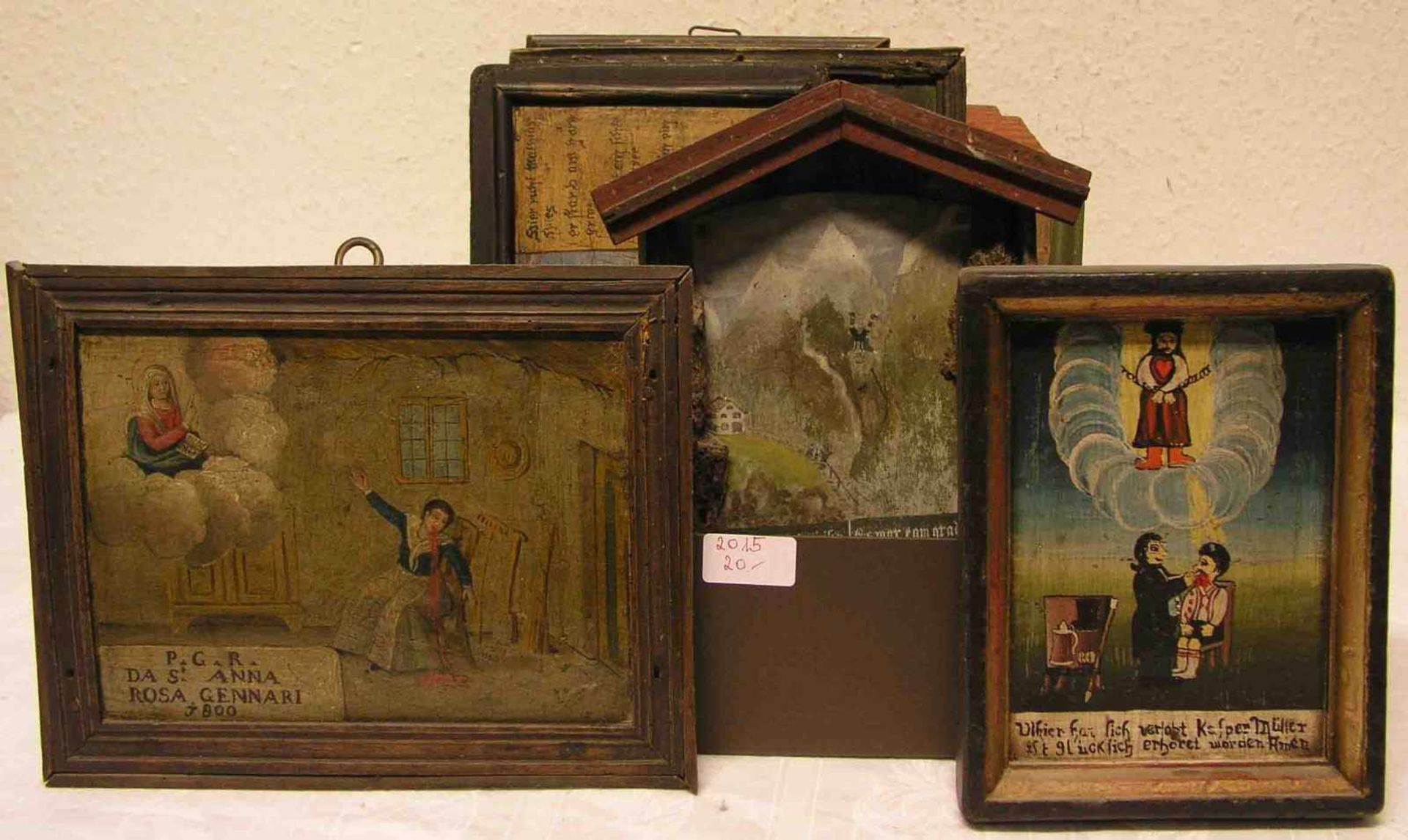 Ex Voto. Öl auf Holz. Posten von sieben Stück, alt und neu. Verschiedene Formate; zum Teil<b