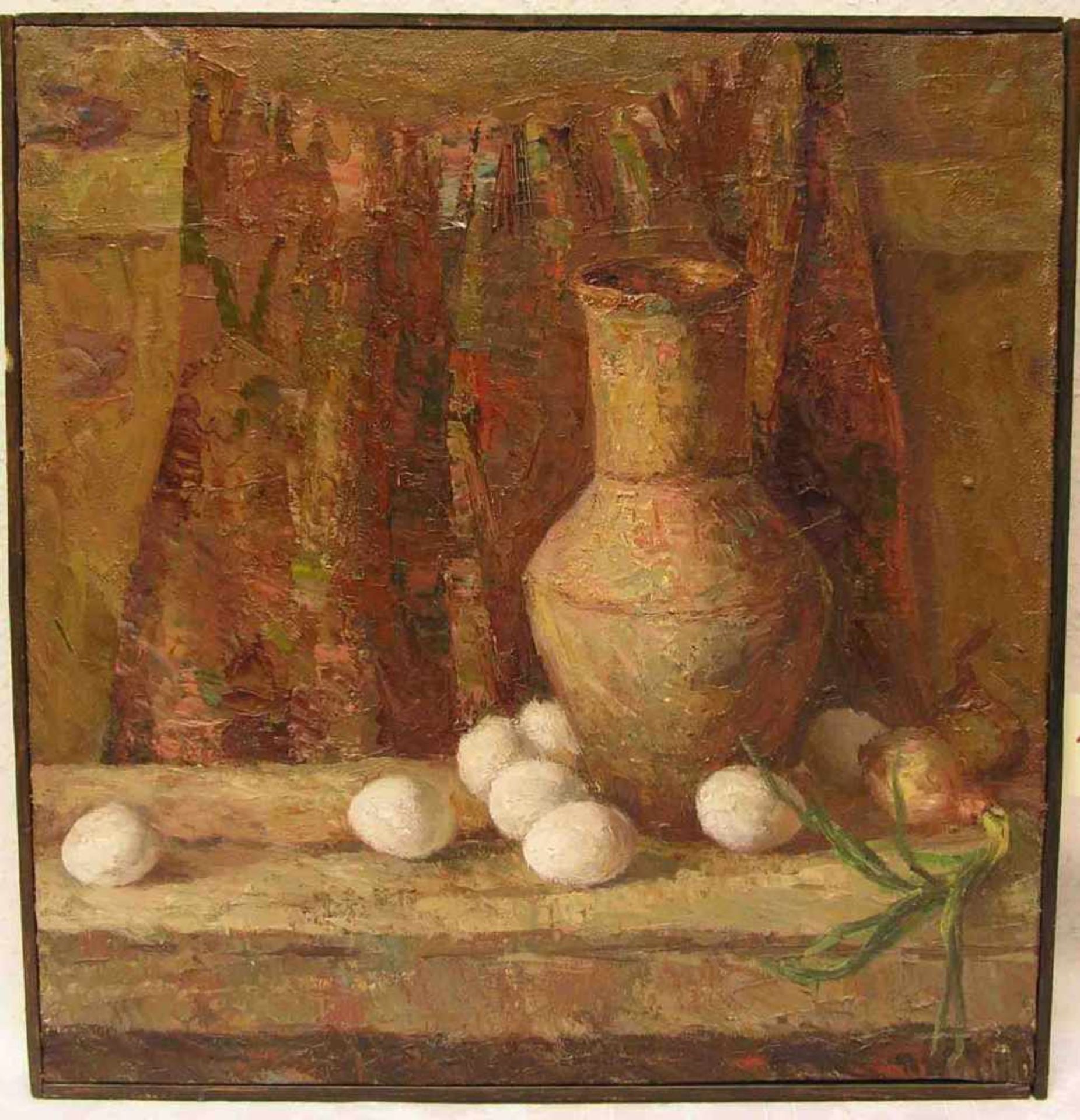 Aleksev Minskij ? russischer Maler: "Stillleben mit Weinkrug und Eiern". Öl/Lwd.,<