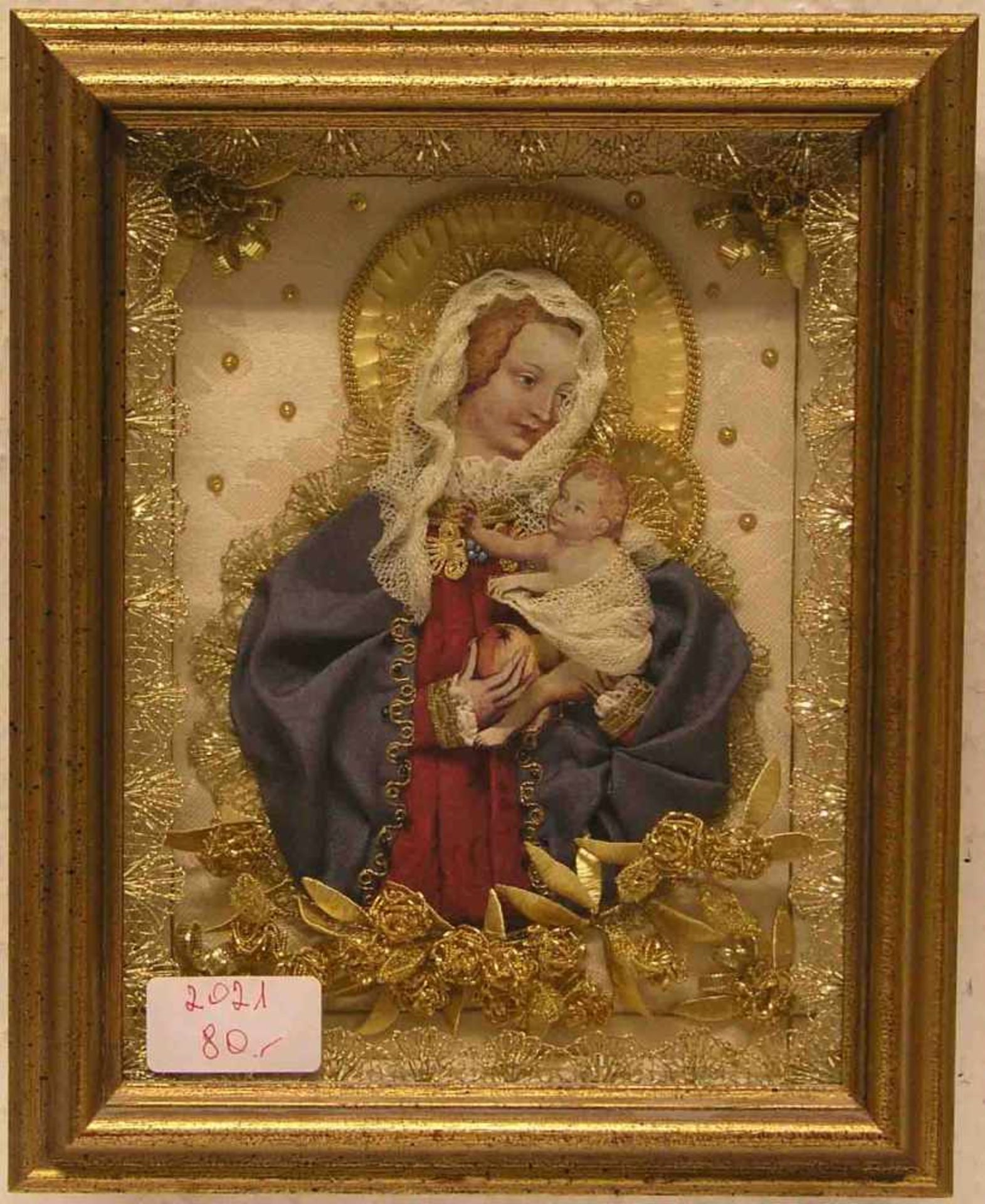 "Muttergottes mit Christuskind". Collage, Goldfäden. Kosterarbeit, neuzeitlich, verglaster<