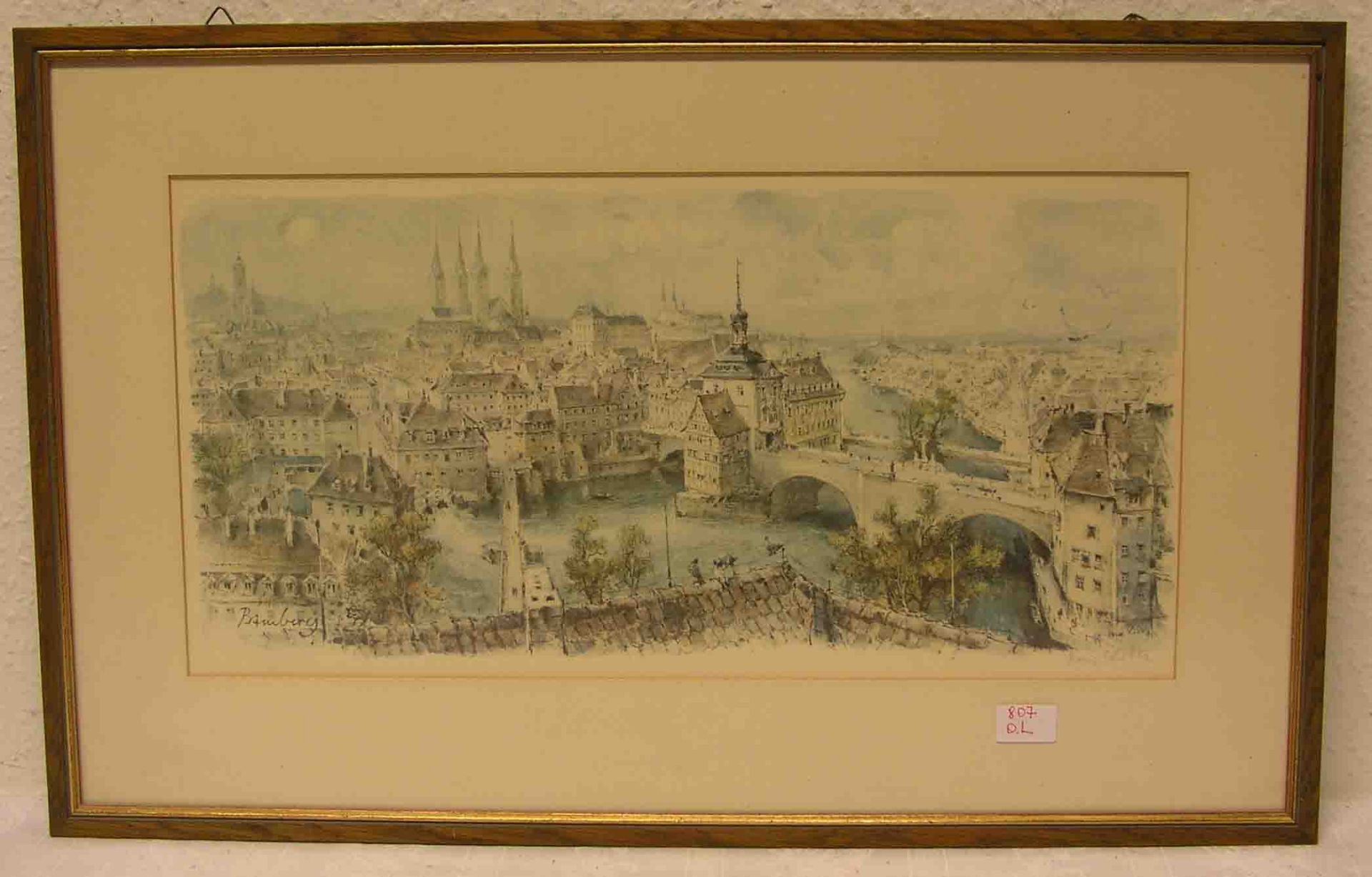 "Bamberg - Blick in die Altstadt". Farbdruck von Hans Liska, handsigniert. 25 x 46cm,