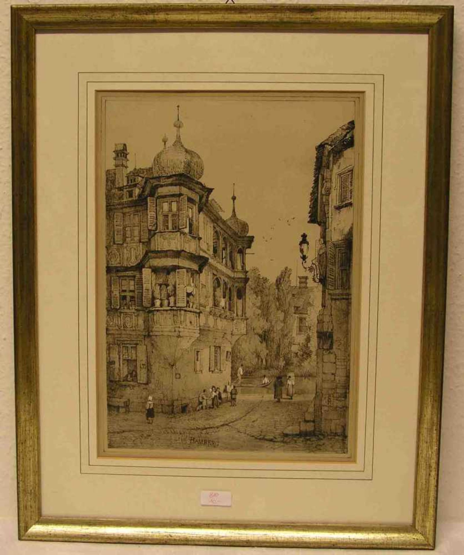 "Bamberg - Ecke Habergasse". Mit Personenstaffage und Blick zur Regnitz. Lithografie. 42 x