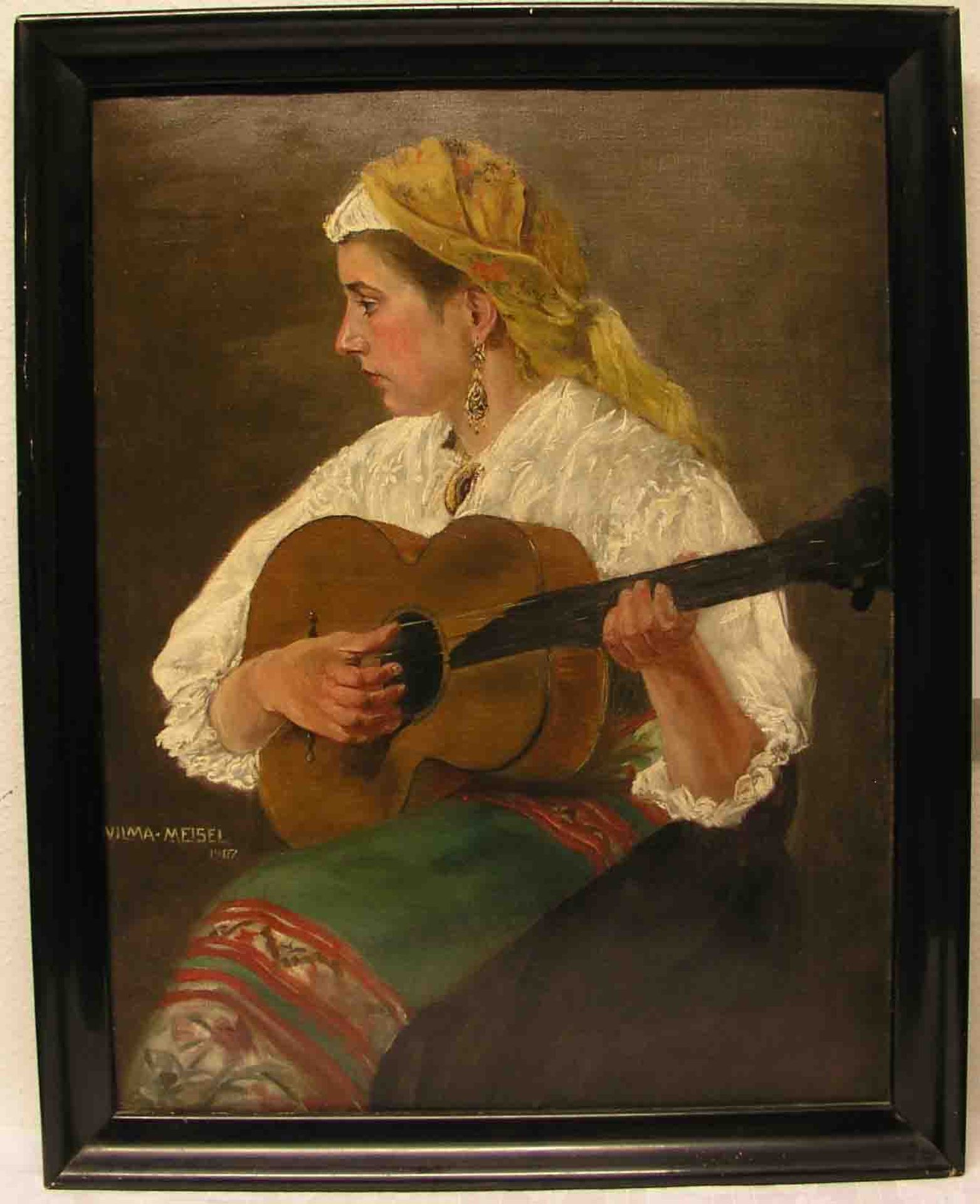 Meisel, Vilma: "Mandolinenspielerin". Öl/Lwd., auf Karton, signiert, 1907. 89 x 68cm, mit<