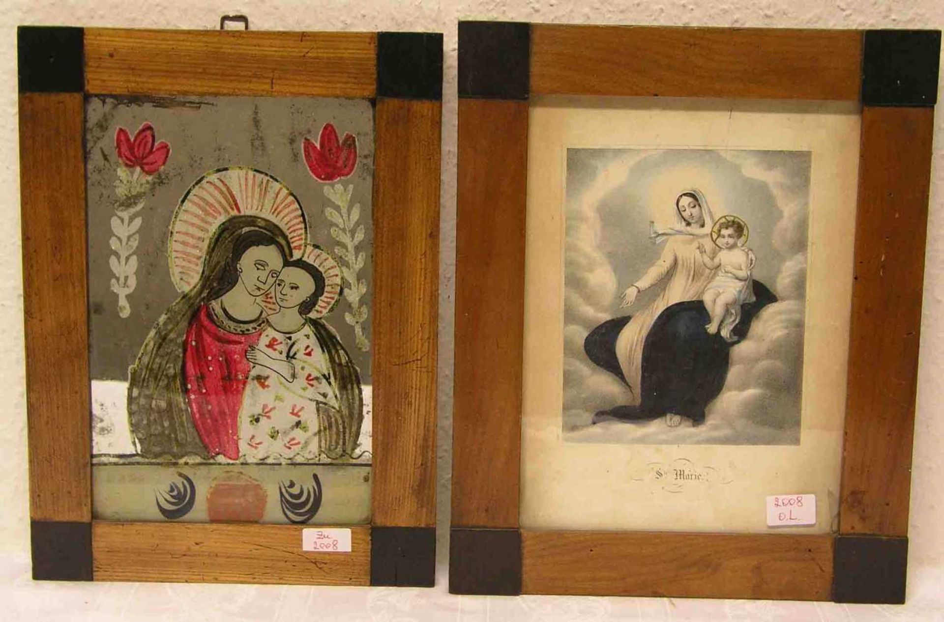 Madonna mit Kind, Nonnenspiegel, 25 x 16cm. Dazu: Madonna mit Kind, Farblithografie, 18 x