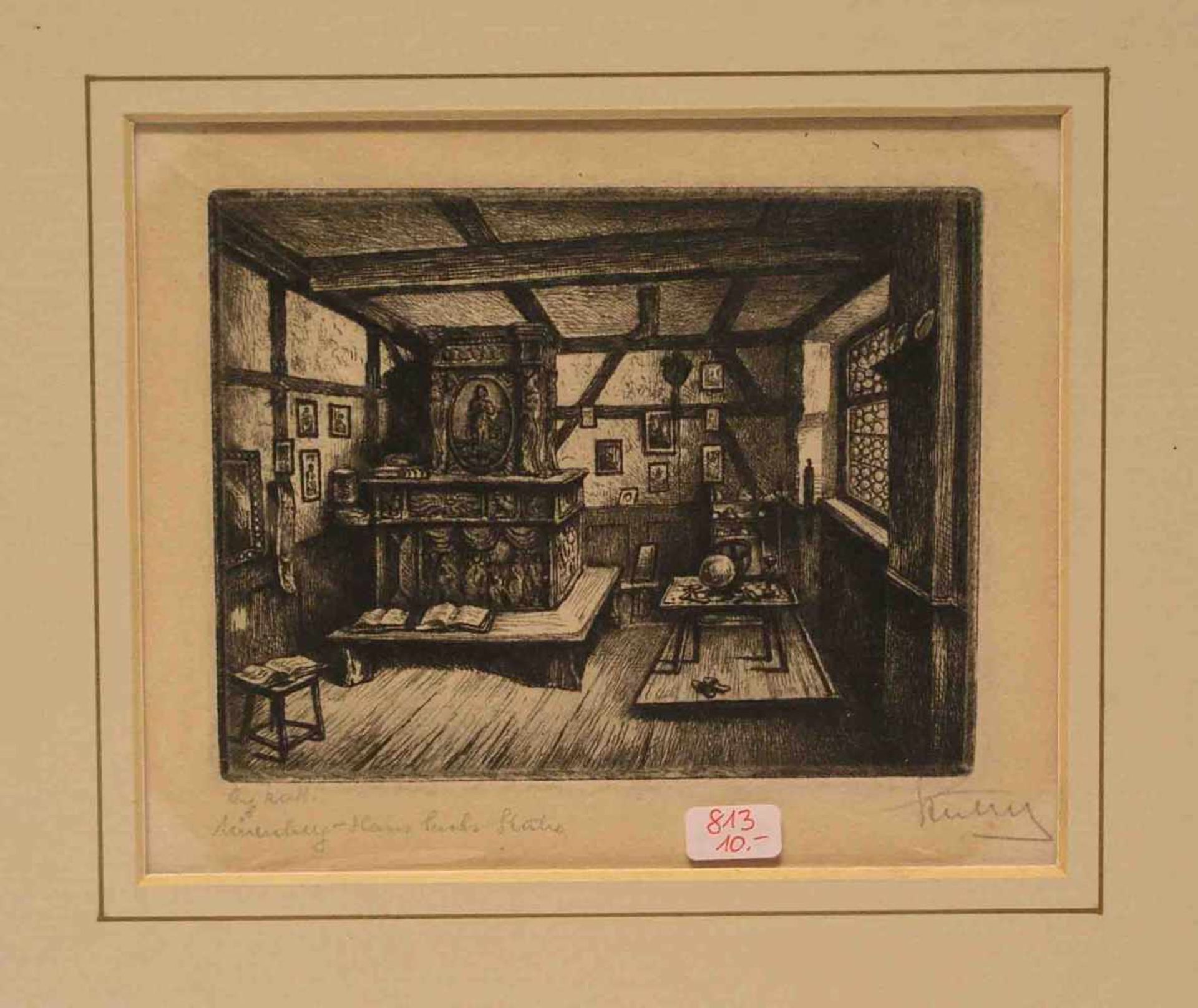 "Nürnberg - Hans Sachs Stube". Original Radierung, unleserlich signiert, 11 x 14cm,<