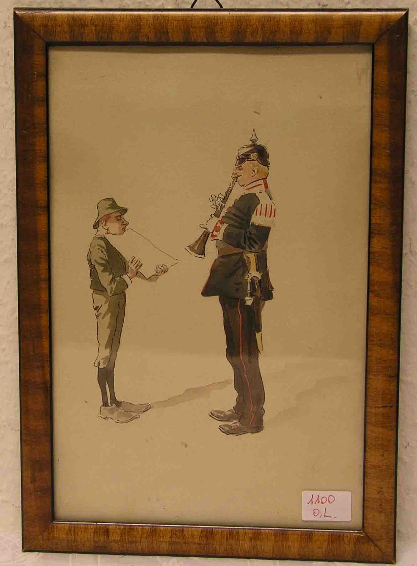 Witz-Figur: Flöte spielender Offizier. Farbdruck, 28 x 18cm.