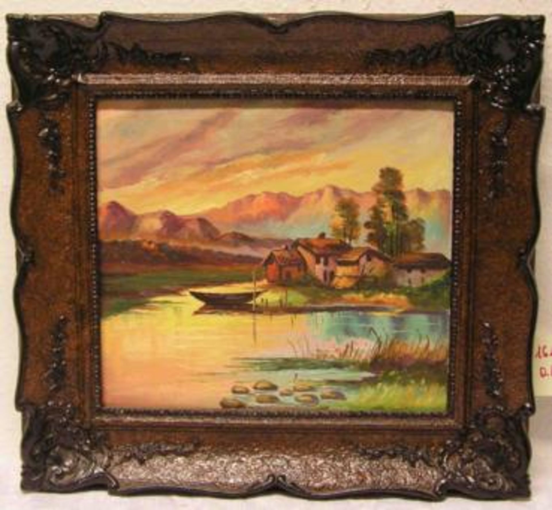 Stelzner, rumänischer Maler: "Dorf am Seeufer". Öl/Lwd., signiert, 38 x 42cm. Rahmen.