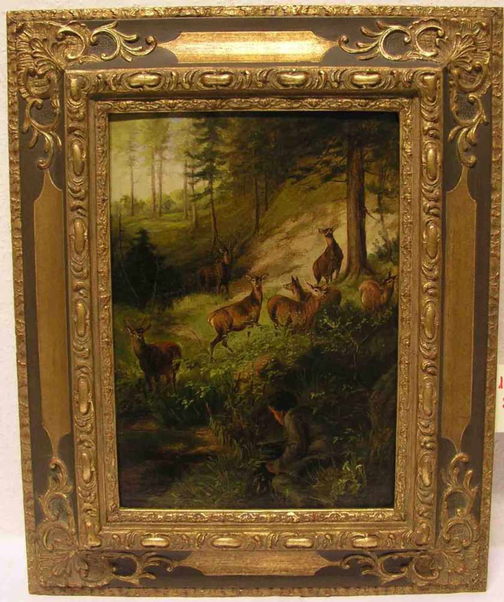 Fink, August (1846 - 1916): "Rehe". Öl/Holzplatte, 41 x 29cm, Rahmen.