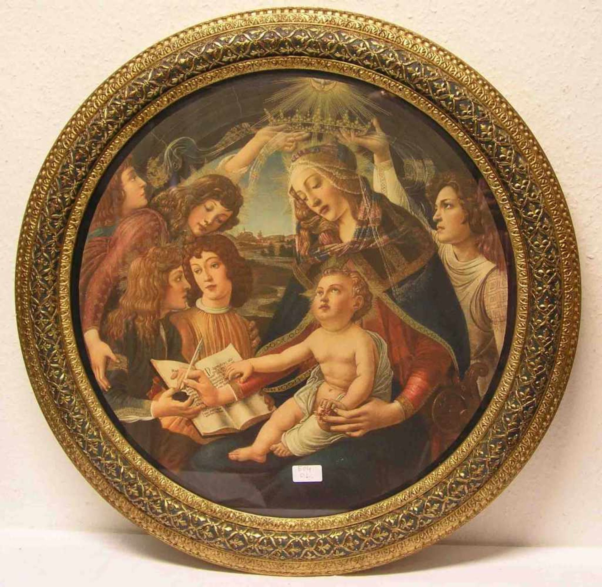 Kunstdruck: "Maria nit Kind und fünf Engeln". Nach Botticelli. Durchmesser: 57cm,