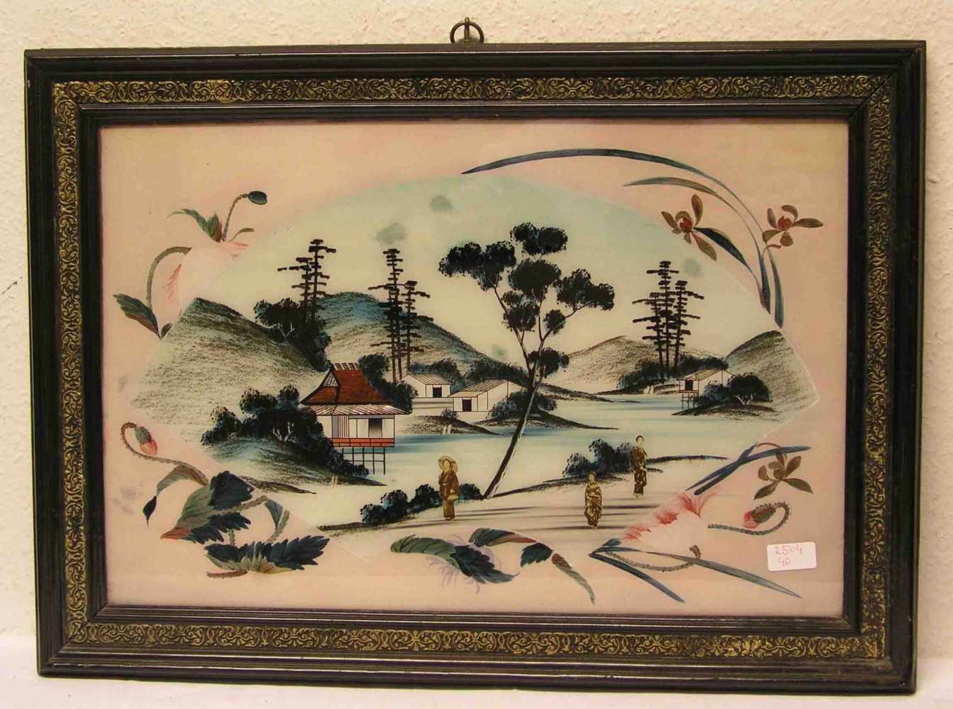 "Hügelige Landschaft mit Personenstaffage".China um 1920. Hinterglasbild. 40 x 60cm,