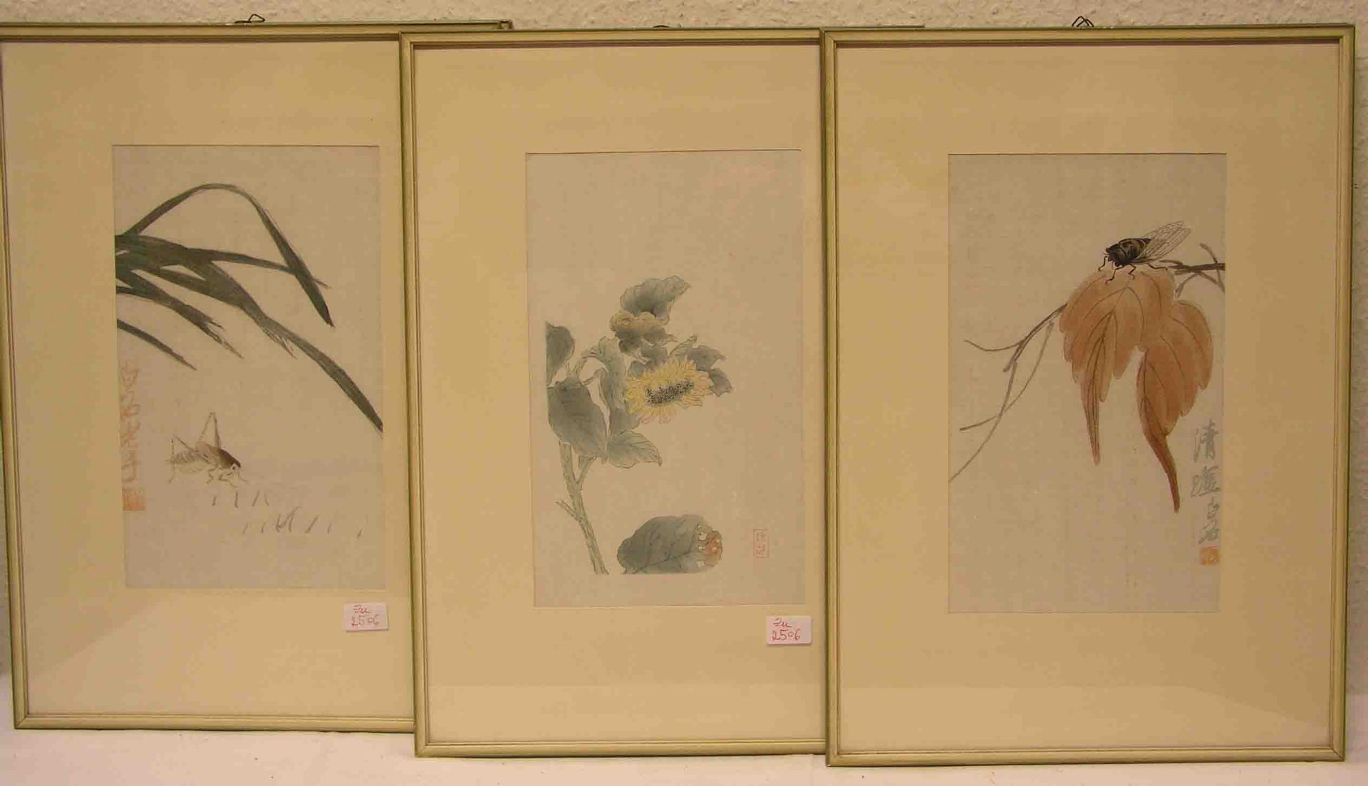 Fünf Blatt japanische Farbholzschnitte: "Insekten-, Vogel-, Pflanzenmotive". 29 x 17cm,