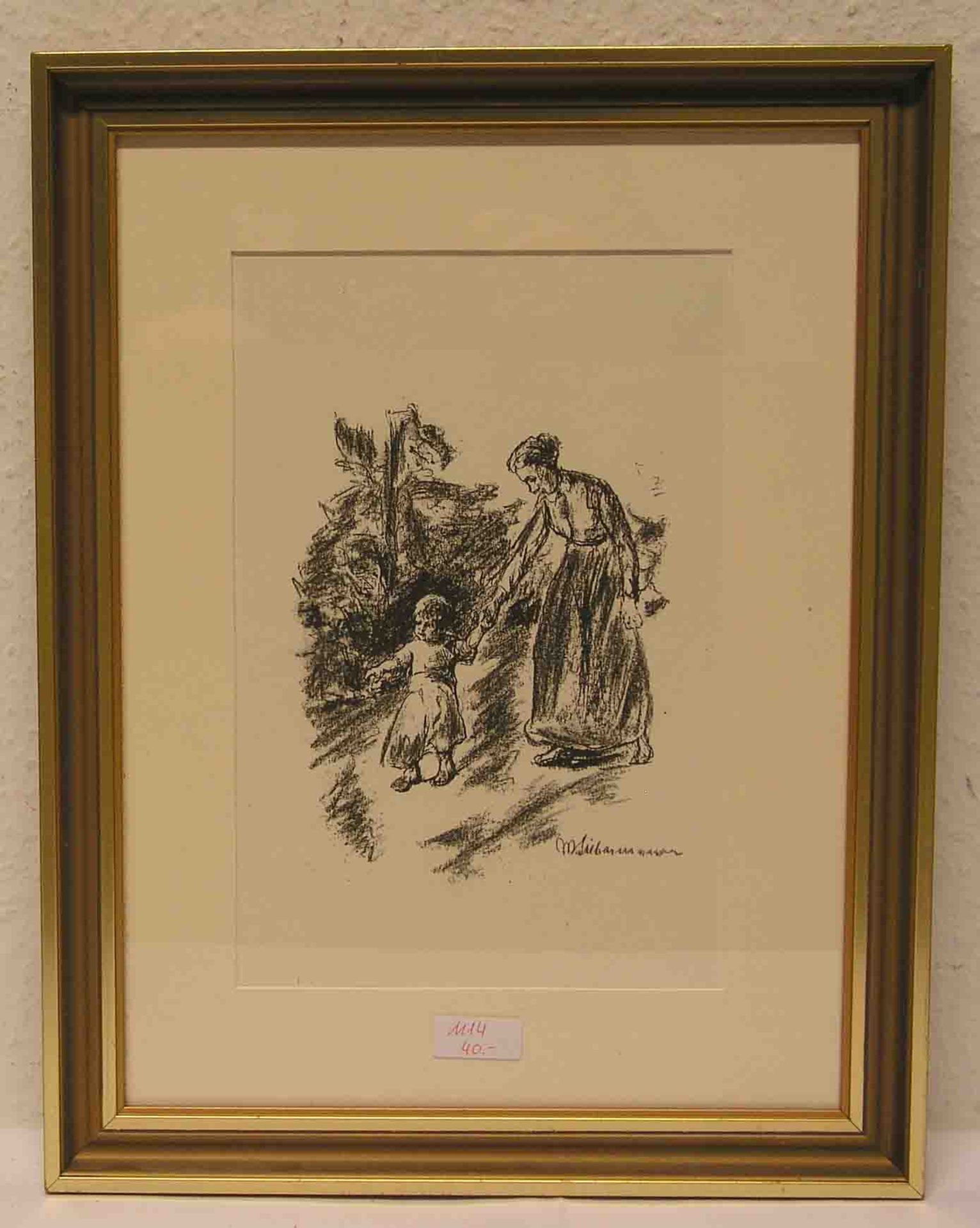 Liebermann, Max (1847 - Berlin - 1935): "Mutter und Kind beim Spaziergang". Lithografie,