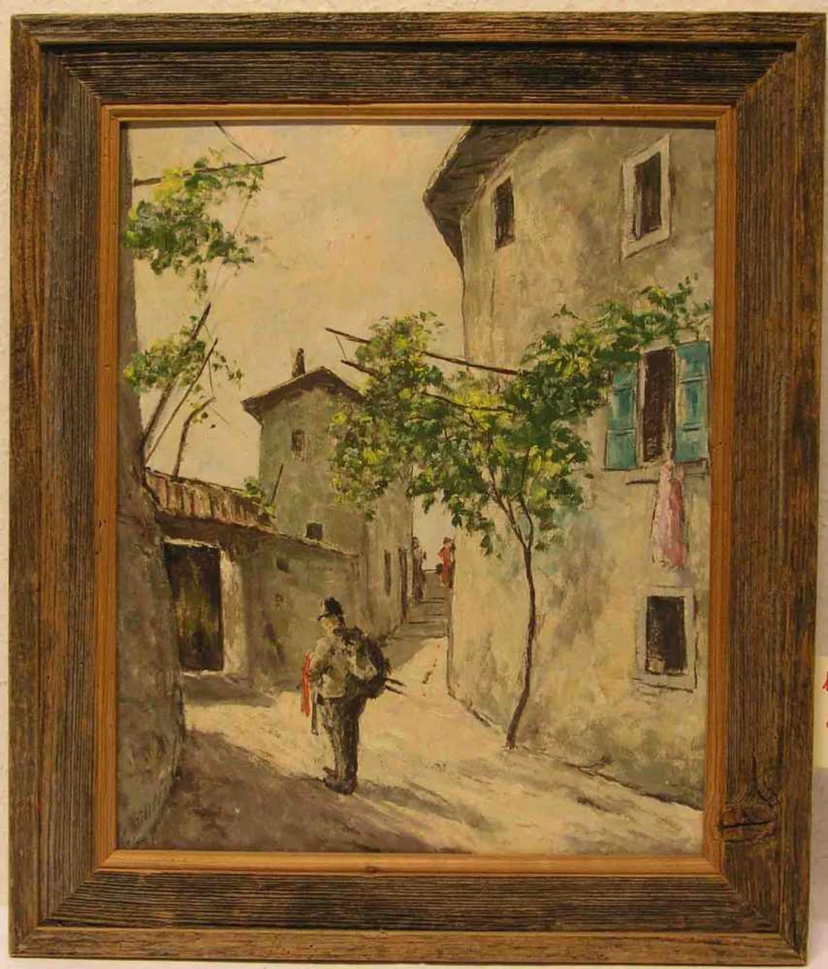 "Schmale Dorfstraße mit Personenstaffage". Öl/Platte, unleserlich signiert, 48 x 39cm.