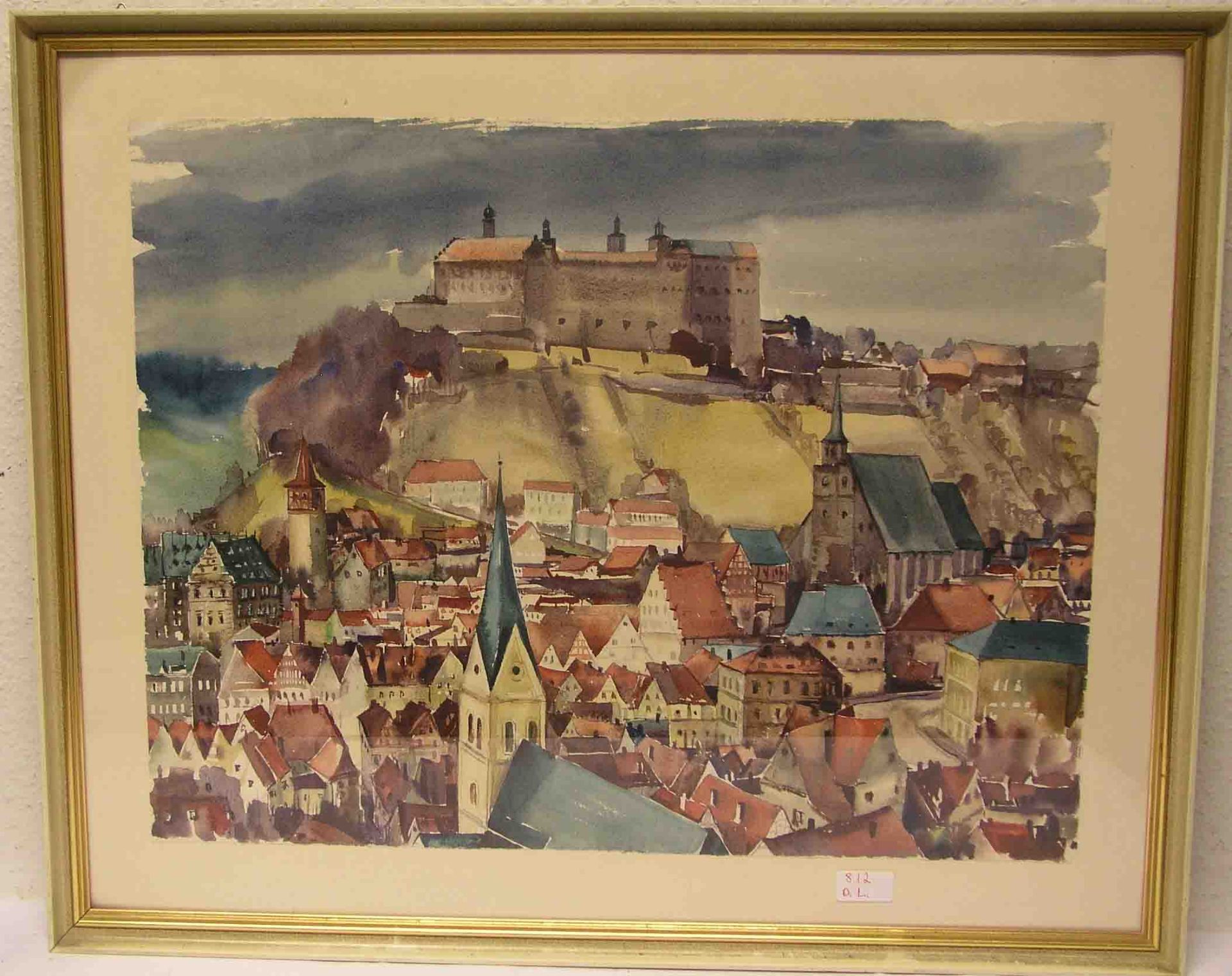 Kulmbach: "Stadtansicht mit Plassenburg". Aquarell, 48 x 63cm, Rahmen mit Glas.