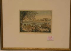 "Linz: Blick über die Mur auf die Stadt". Kolorierte Umrissradierung um 1830. 9,5 x 13cm,Rahmen
