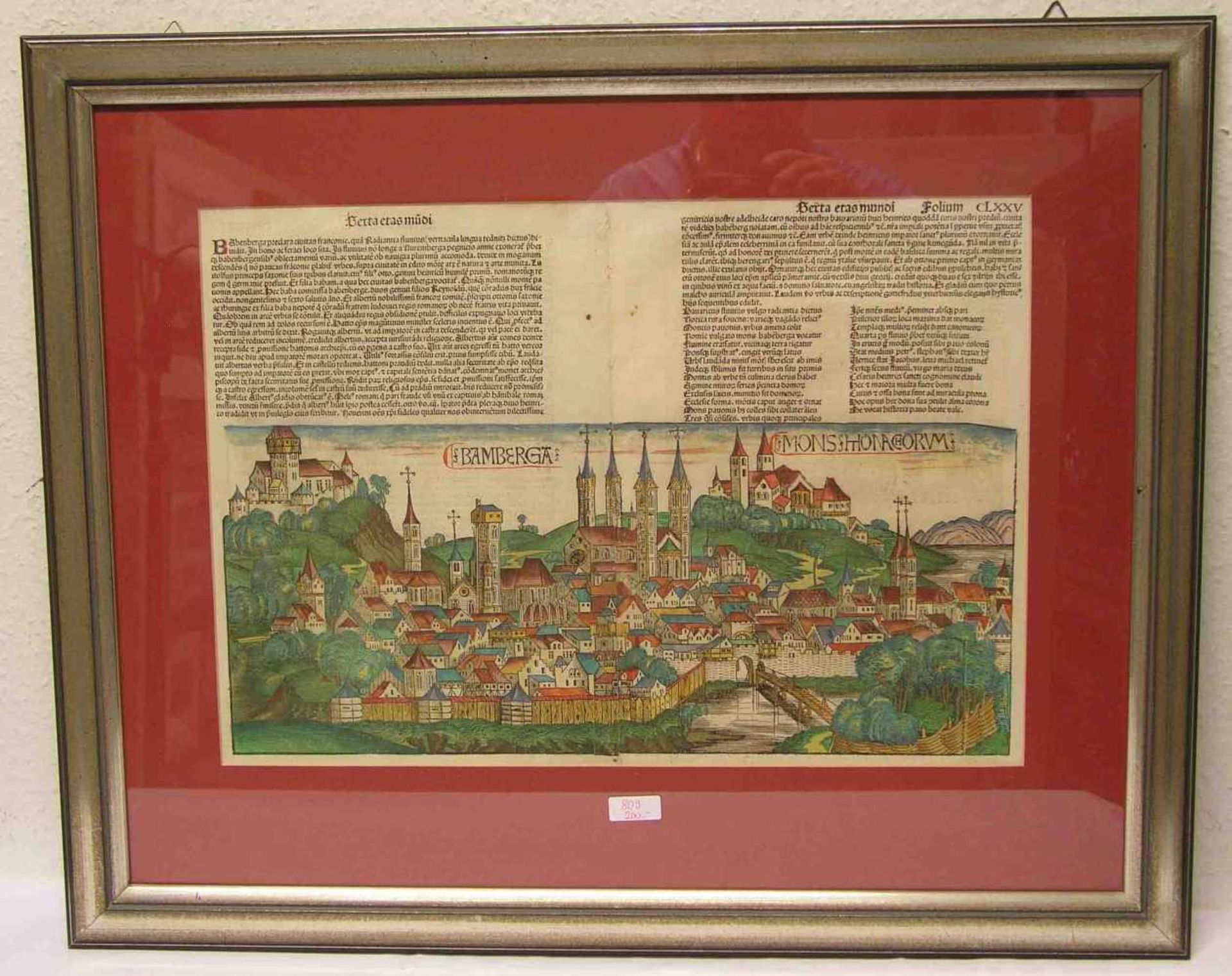 "Bamberg". Gesamtansicht. Kolorierter Holzschnitt aus der lateinischen Erstausgabe derSchedel'