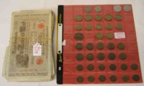Deutsches Reich: 39 Kleinmünzen. 1, 2, 5, 10, 50 Pfennig. Dazu: Posten Geldscheine(
