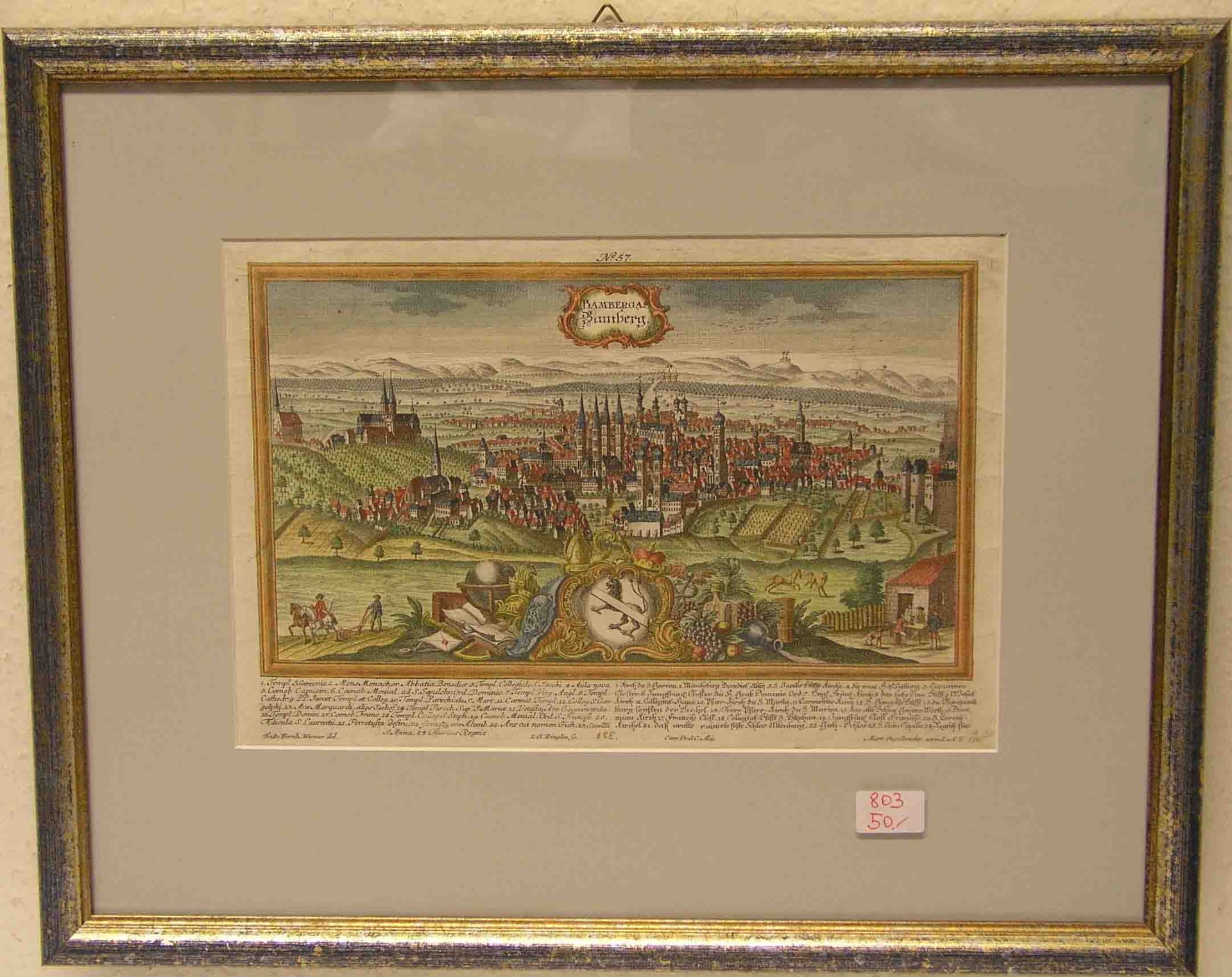 "Bamberg" Gesamtansicht von der Altenburg aus. Kolorierter Kupferstich mit Bordüren undLegende. J.