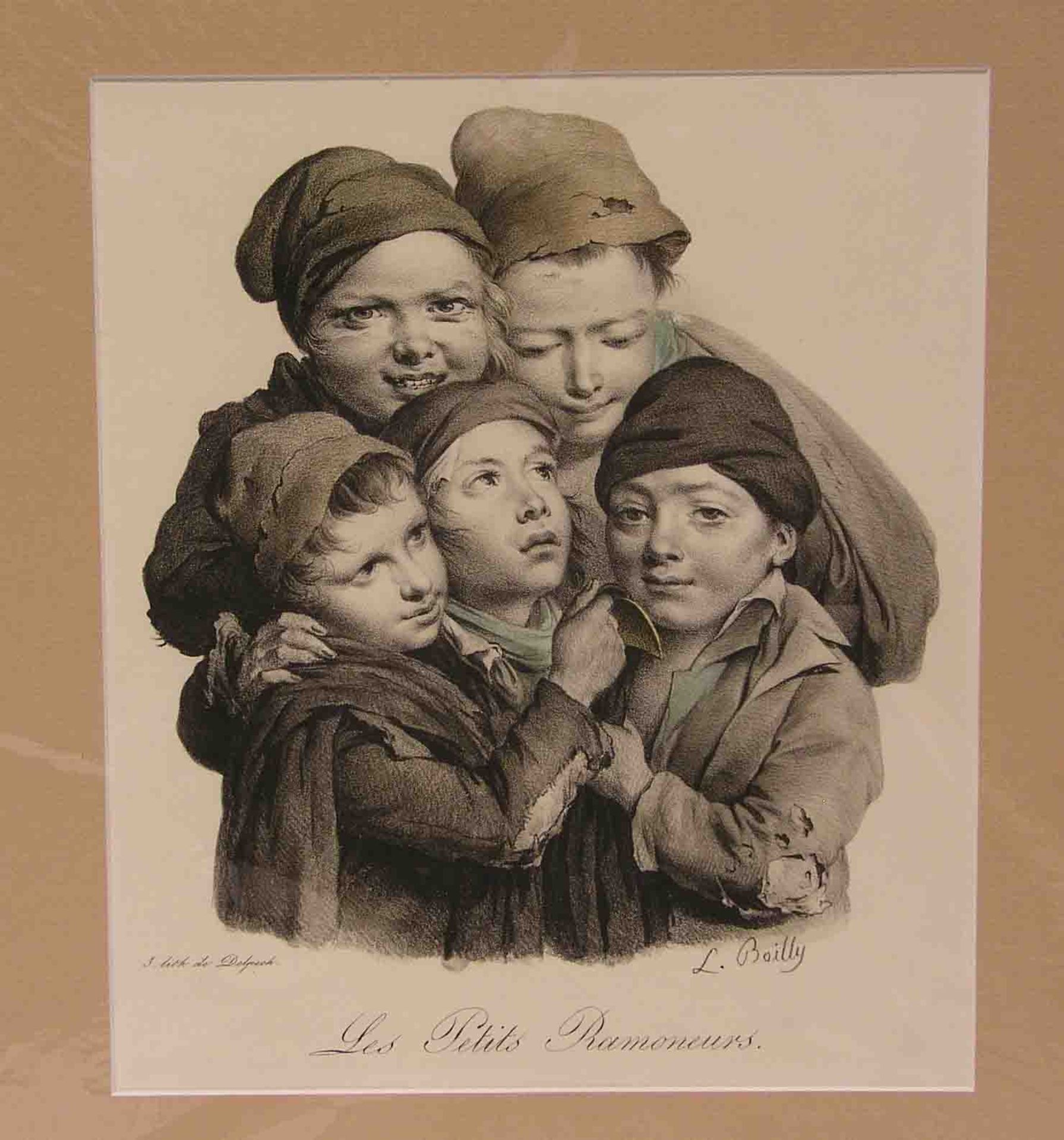 Boilly, Louis (1761 - 1845): "Les petits ramoneurs"(Die kleinen Schornsteinfeger).Farblithografie um