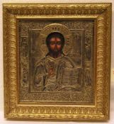 "Christus Pantokrator". neuzeitliche Ikone, Russland. Metalloklad. 30 x 27cm. Rahmen.