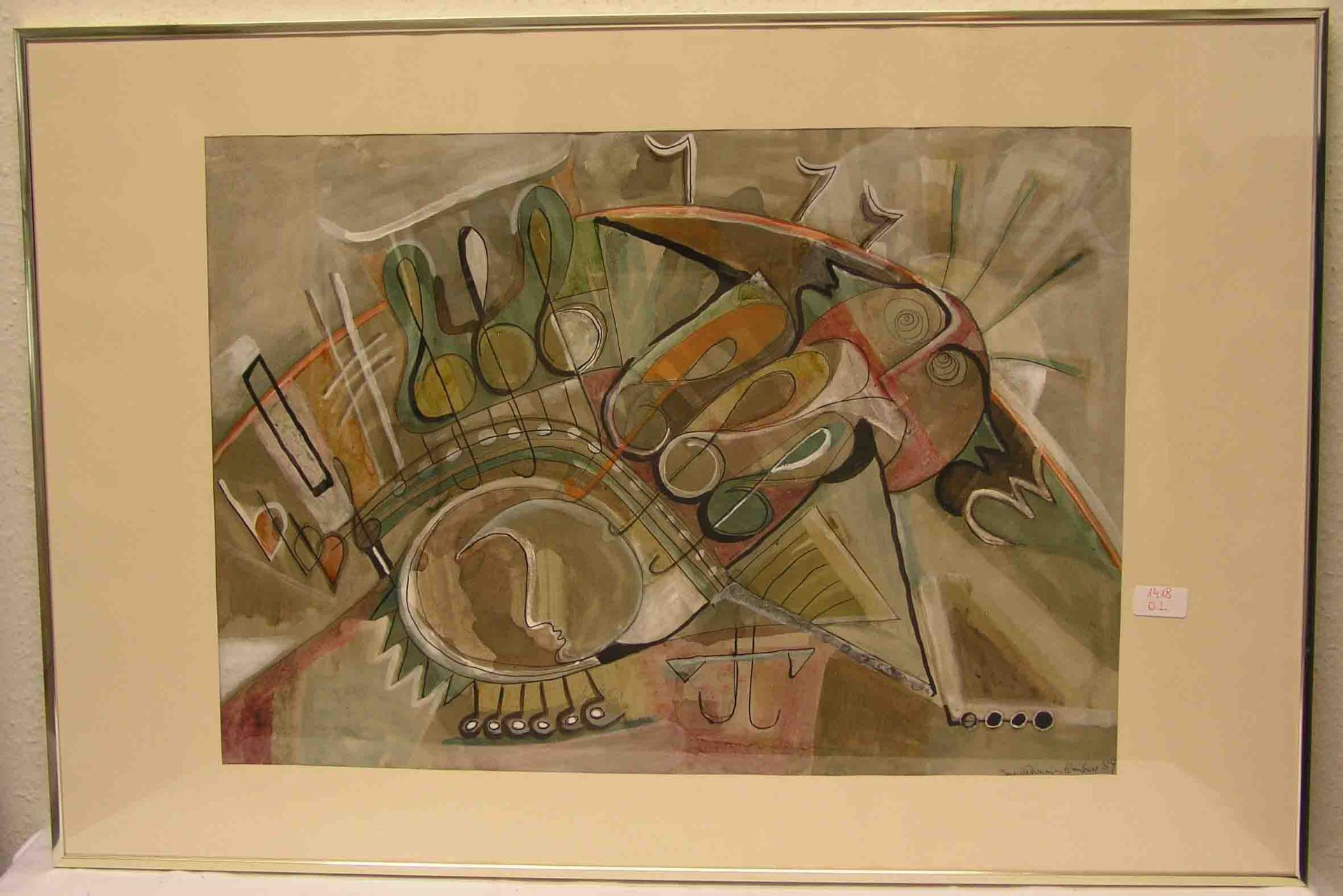 Katsonis-Altenburg: "Ohne Titel". Deckfarben/Papier, signiert (19)84, 46 x 66cm, Rahmenmit Glas.