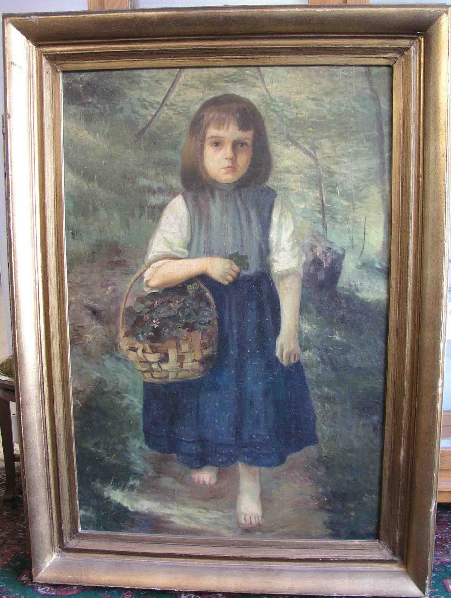 "Mädchen mit Blumenkorb am Waldrand". Öl/Lwd., um 1900. 118 x 80cm, Rahmen.
