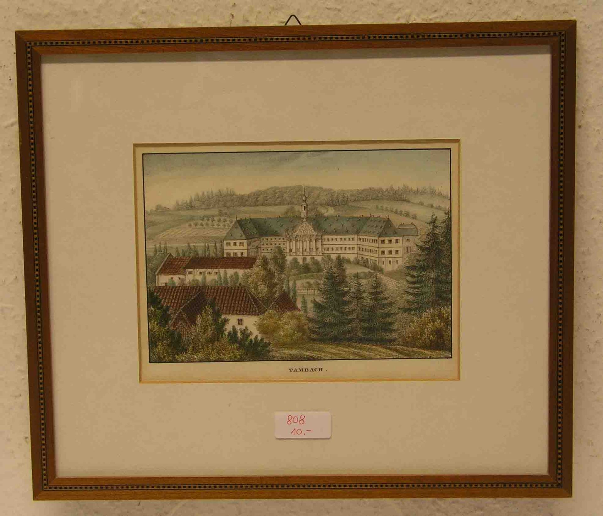 "Schloß Tambach bei Coburg". Kolorierte Lithografie, Dilger, um 1830. 15 x 20cm. Rahmenmit Glas.