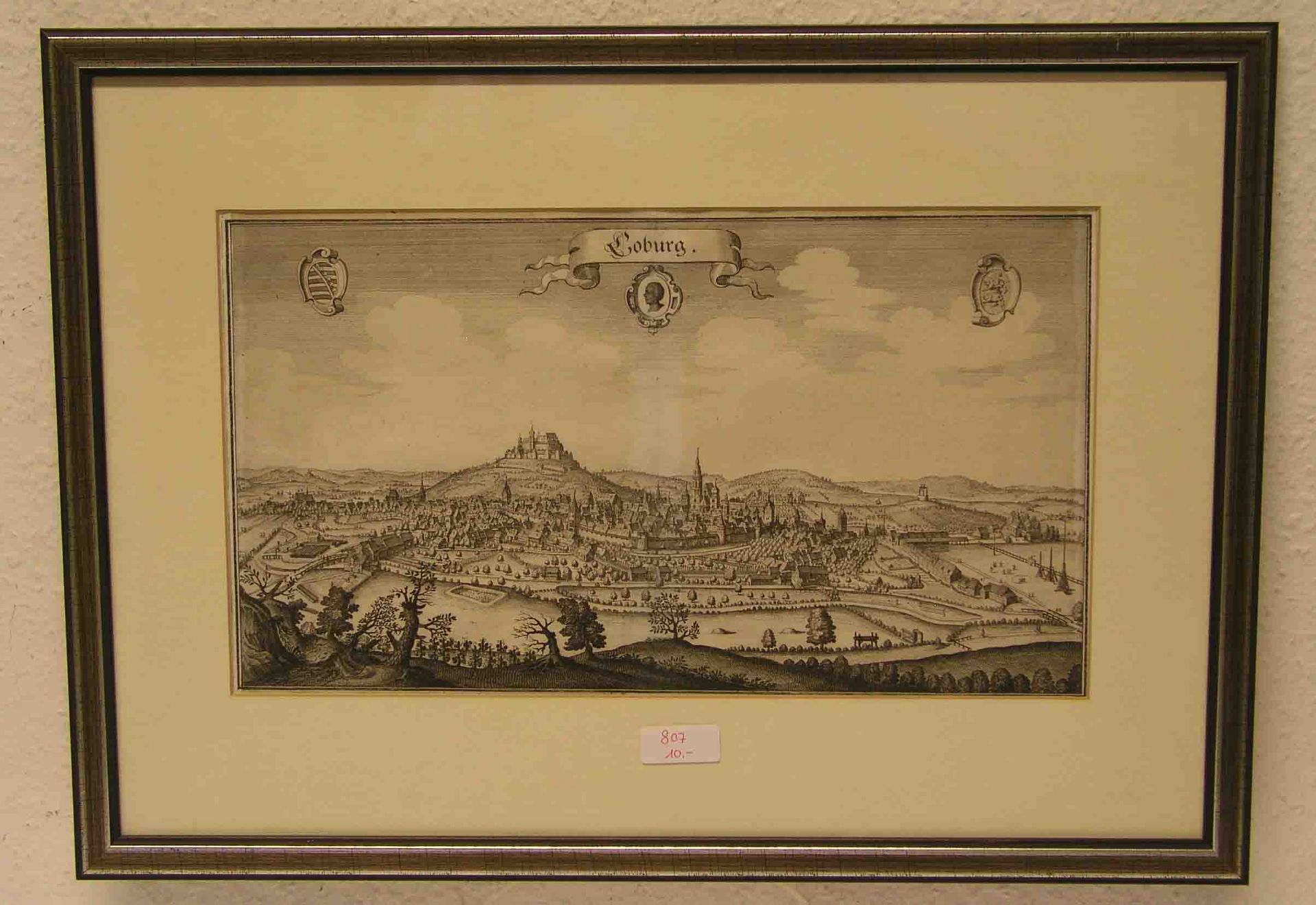 "Coburg: Gesamtansicht". Kupferstich Matthäus Merian 1648. 21 x 38cm, Rahmen mit Glas.Erworben im