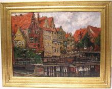 Steinhausen, R.: "Altstadt am Fluss". Öl/Platte, 42 x 57cm, Rahmen.