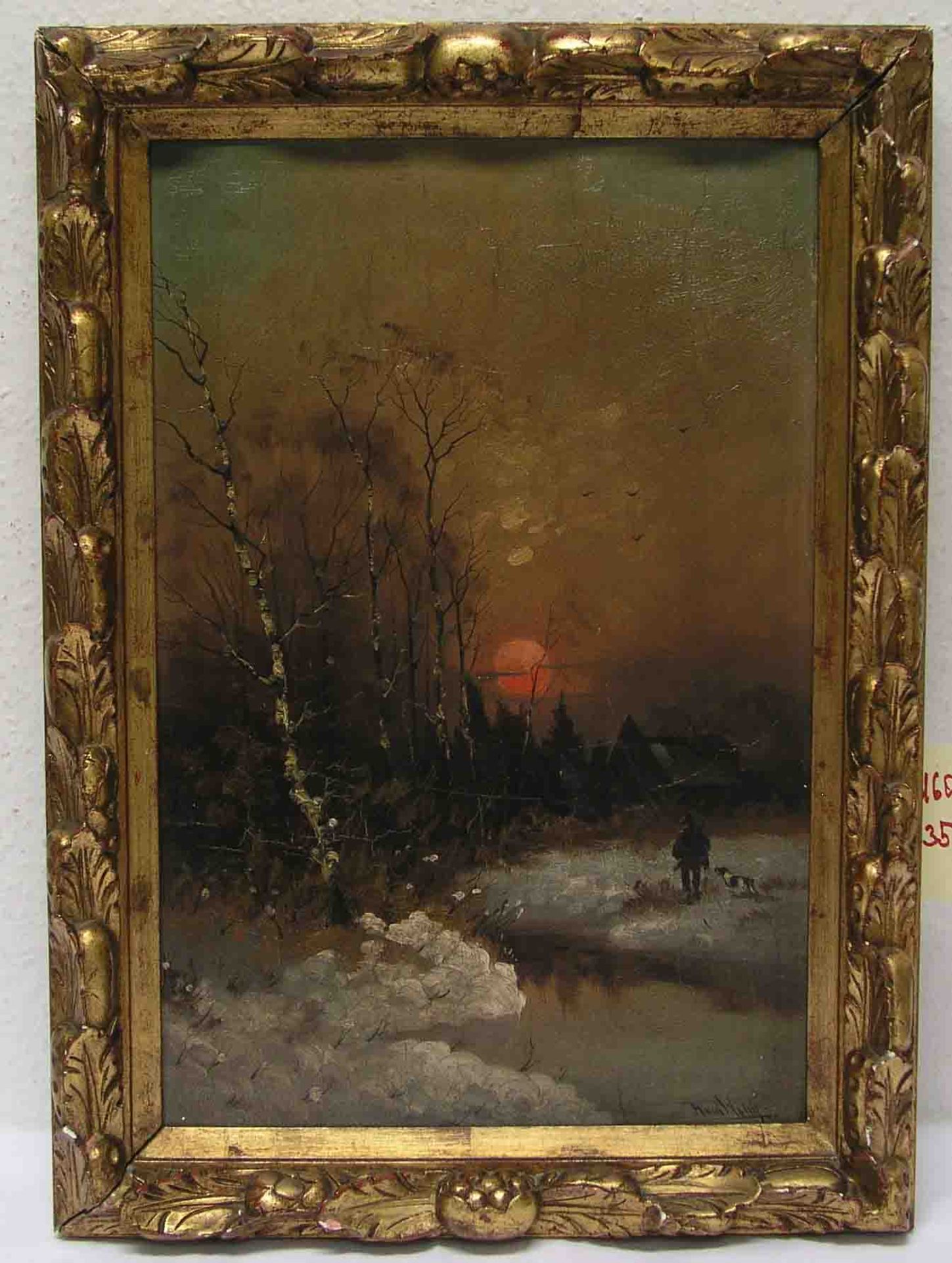 "Jäger am Waldrand, Winterabend". Öl/Malkarton, unleserlich signiert. Ende 19. Jh. 46 x30cm,