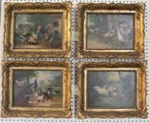 Posten von vier Gemälden. Dabei: "Hühnerhof, Enten am Teich". Öl/Holz, unleserlichsigniert, 13,5 x