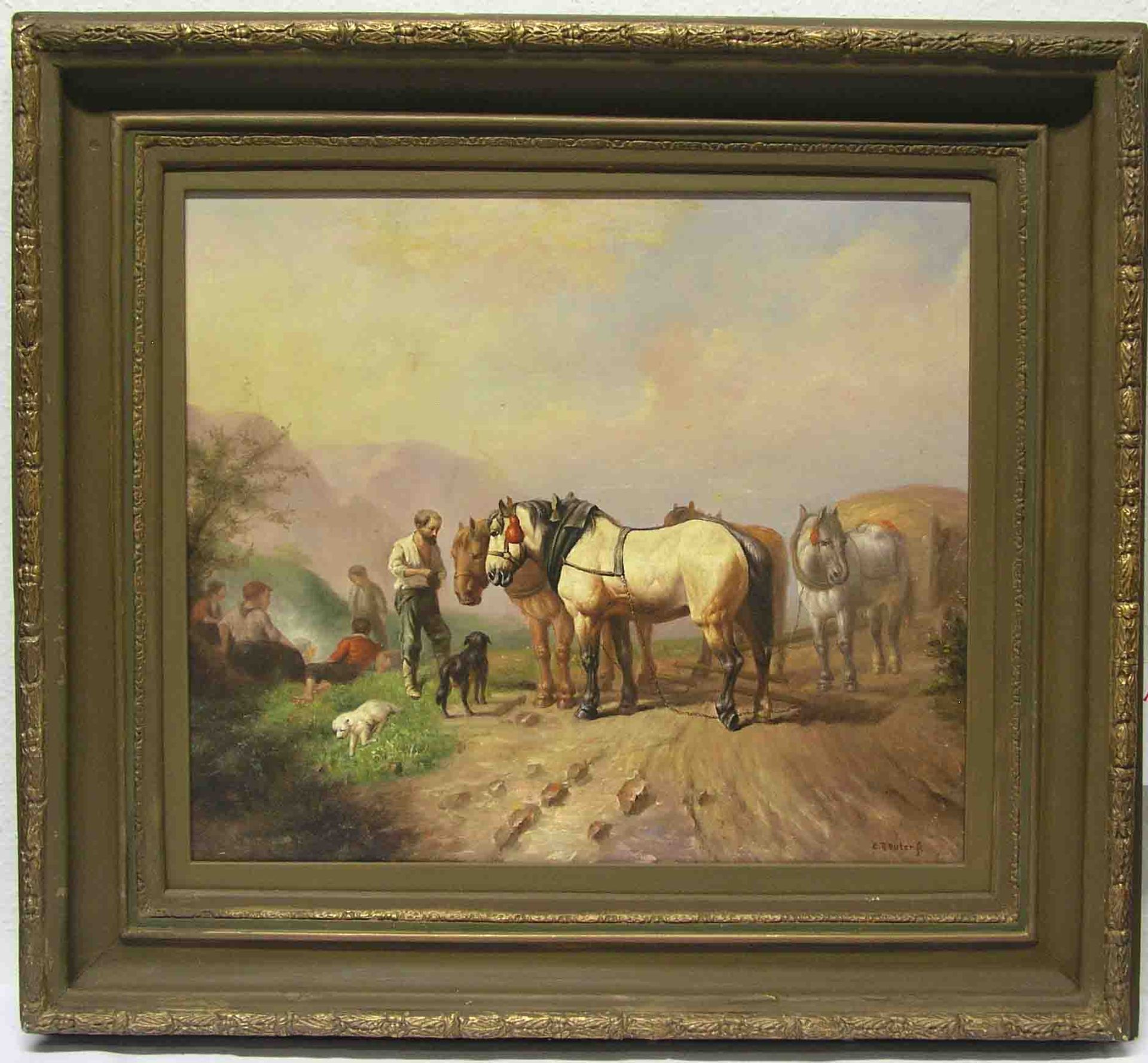 Bouter Cornelius (1888 - 1966): "Rast mit Pferdewagen". Öl/Malkarton, signiert, 48 x 56cm,Rahmen.